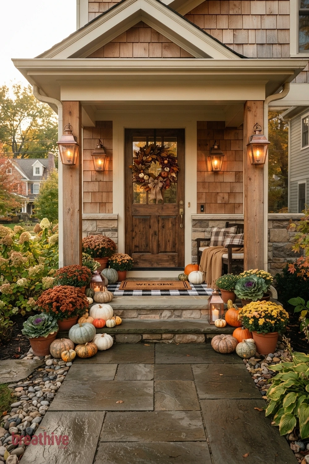 cozy Halloween front entry idea with full-width view of the complete front entry with the seasonal idea as the main focal point