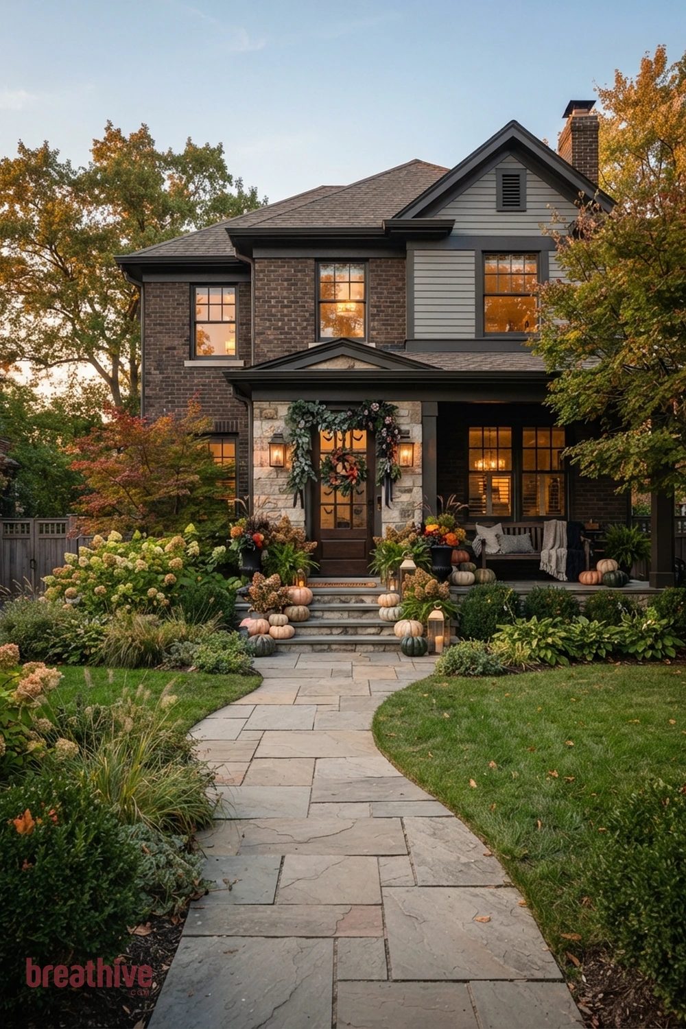 classy Halloween front yard and entry idea with wide exterior setup showing the seasonal concept within the real yard, planting, path, and house context