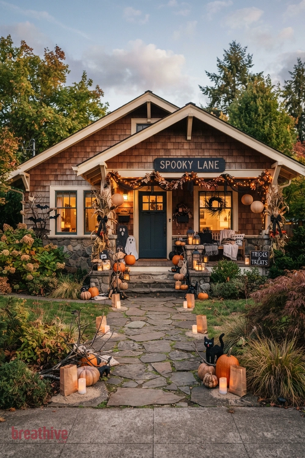 DIY outdoor Halloween front yard idea with wide exterior setup showing the seasonal concept within the real yard, planting, path, and house context