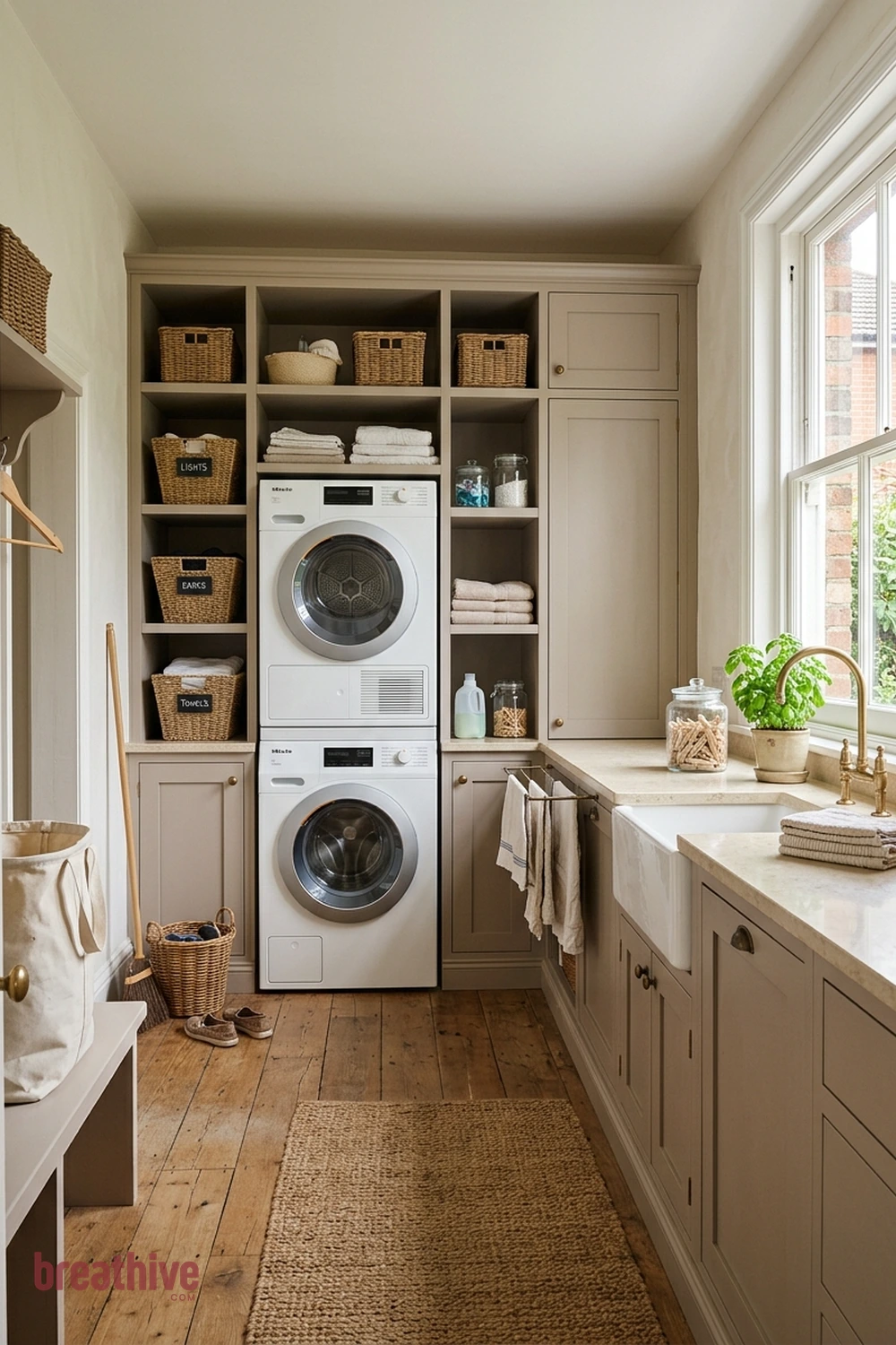 Stack Machines to Gain a Full Storage Wall in a thoughtful laundry room