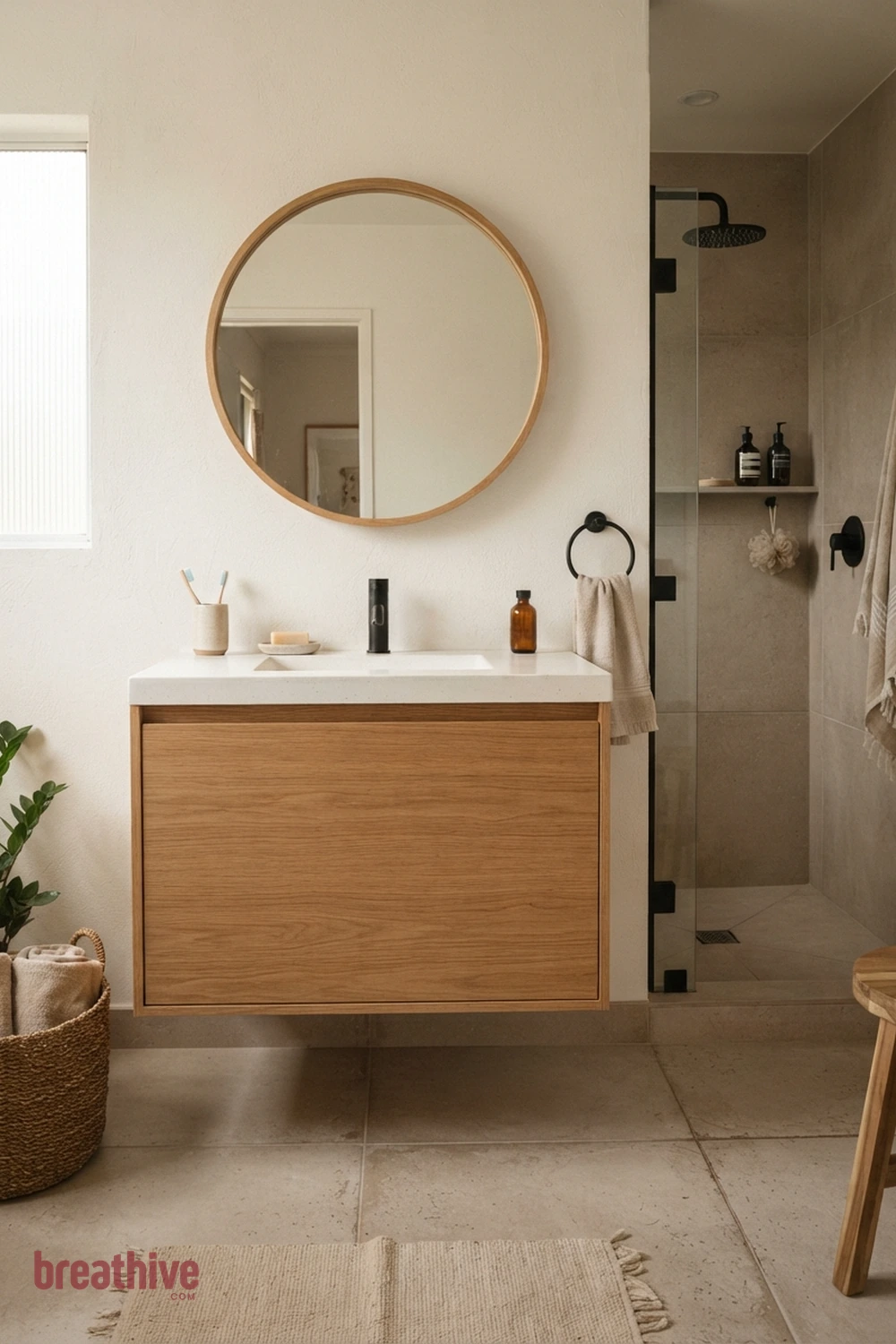 Use a Floating Vanity to Reveal More Floor in a thoughtful bathroom