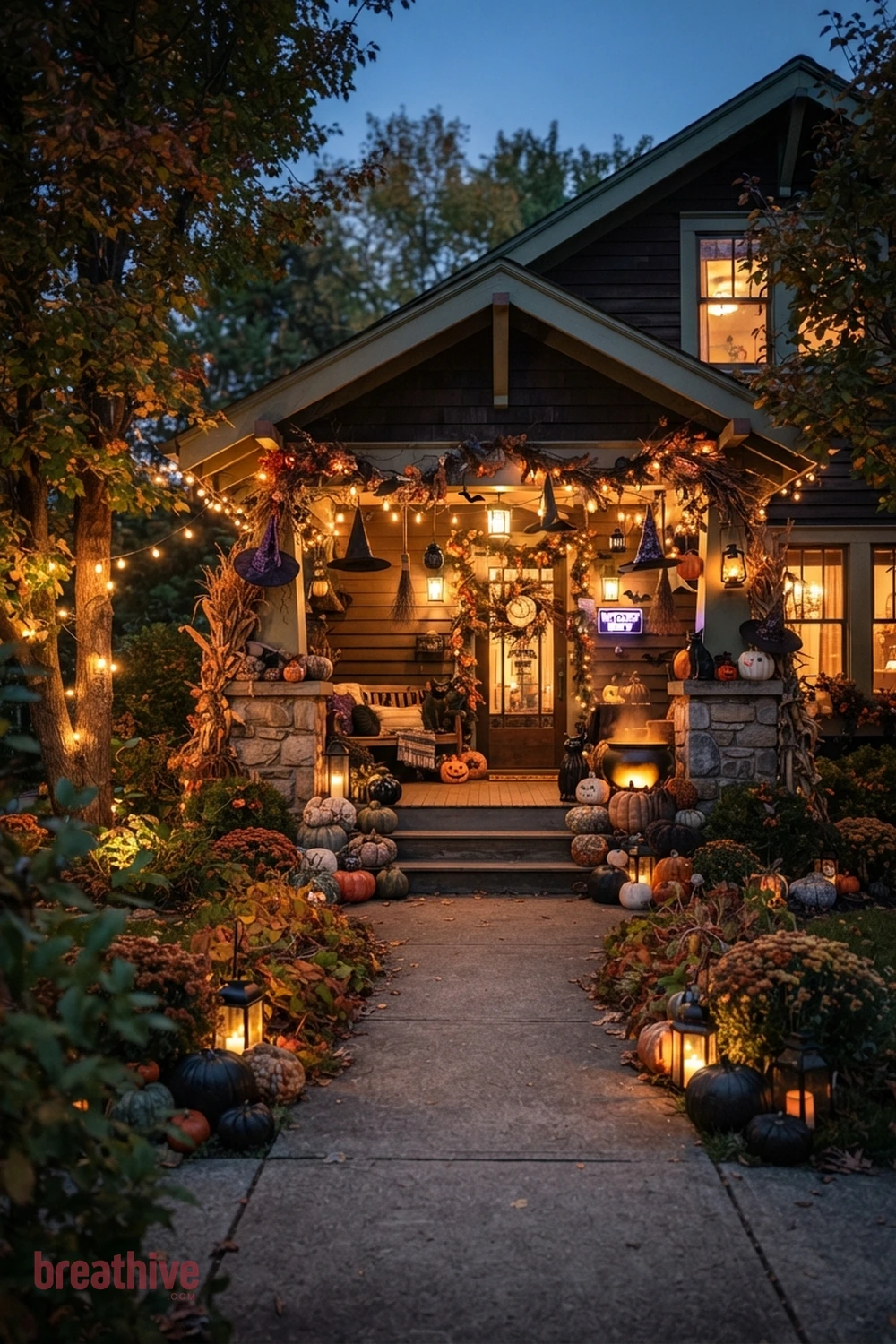 whimsical witch Halloween porch and walkway idea with wide exterior setup showing the seasonal concept within the real yard, planting, path, and house context