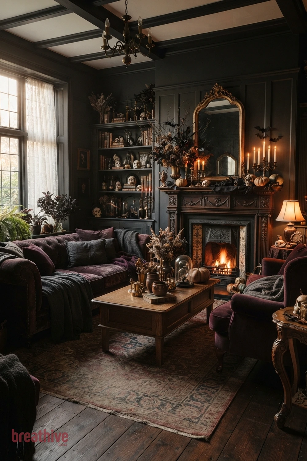 gothic Halloween living room idea with full living room composition with the seasonal concept integrated into normal furniture layout