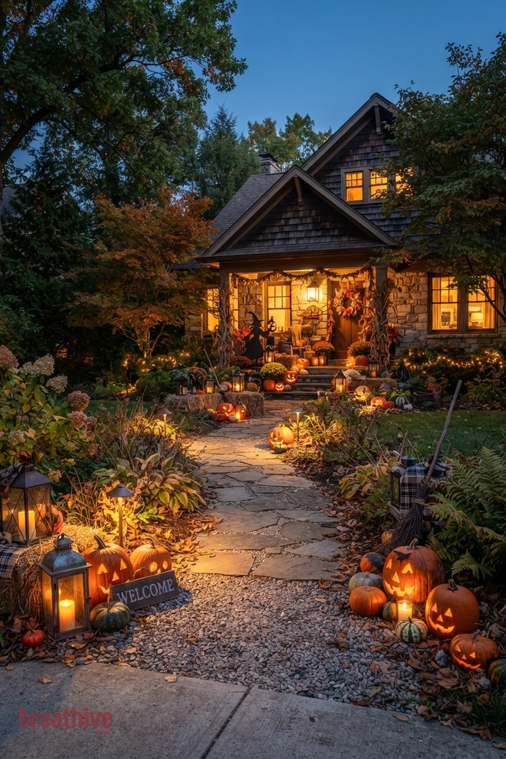 path lighting Halloween garden pathway idea with wide exterior setup showing the seasonal concept within the real yard, planting, path, and house context
