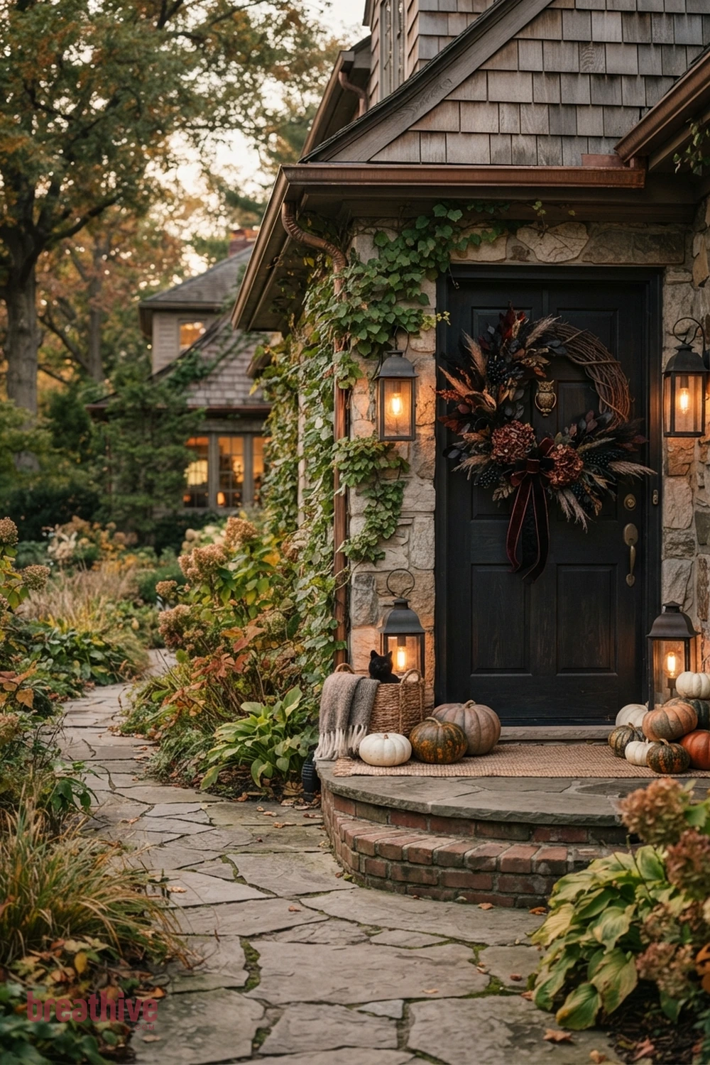 wreath-focused Halloween front door exterior idea with wide exterior setup showing the seasonal concept within the real yard, planting, path, and house context