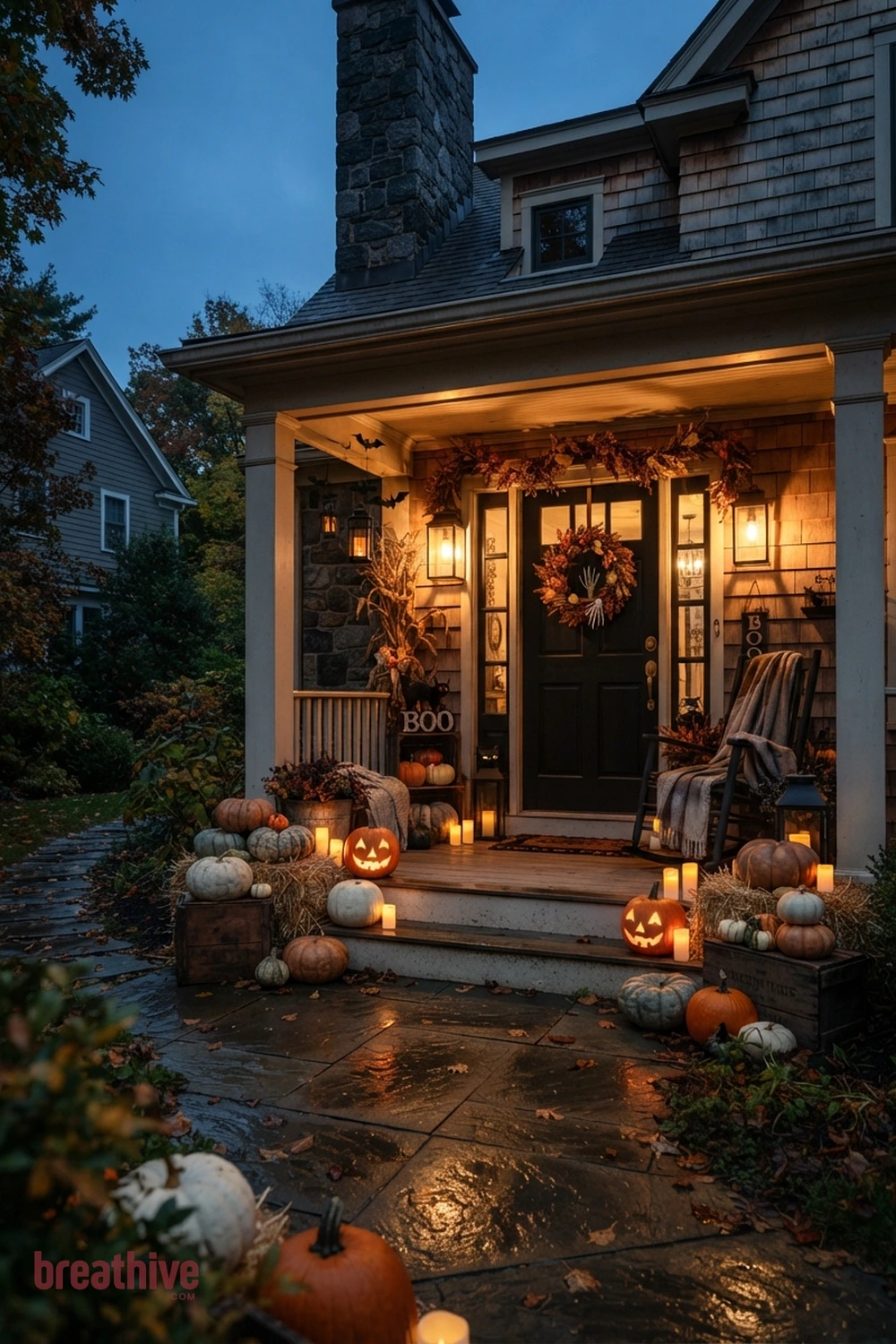 lighting-focused Halloween front porch idea with full-width view of the complete front entry with the seasonal idea as the main focal point