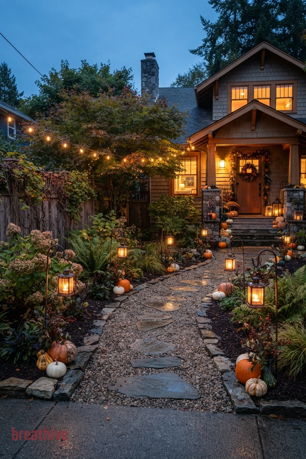 wayfinding Halloween garden pathway idea with wide exterior setup showing the seasonal concept within the real yard, planting, path, and house context
