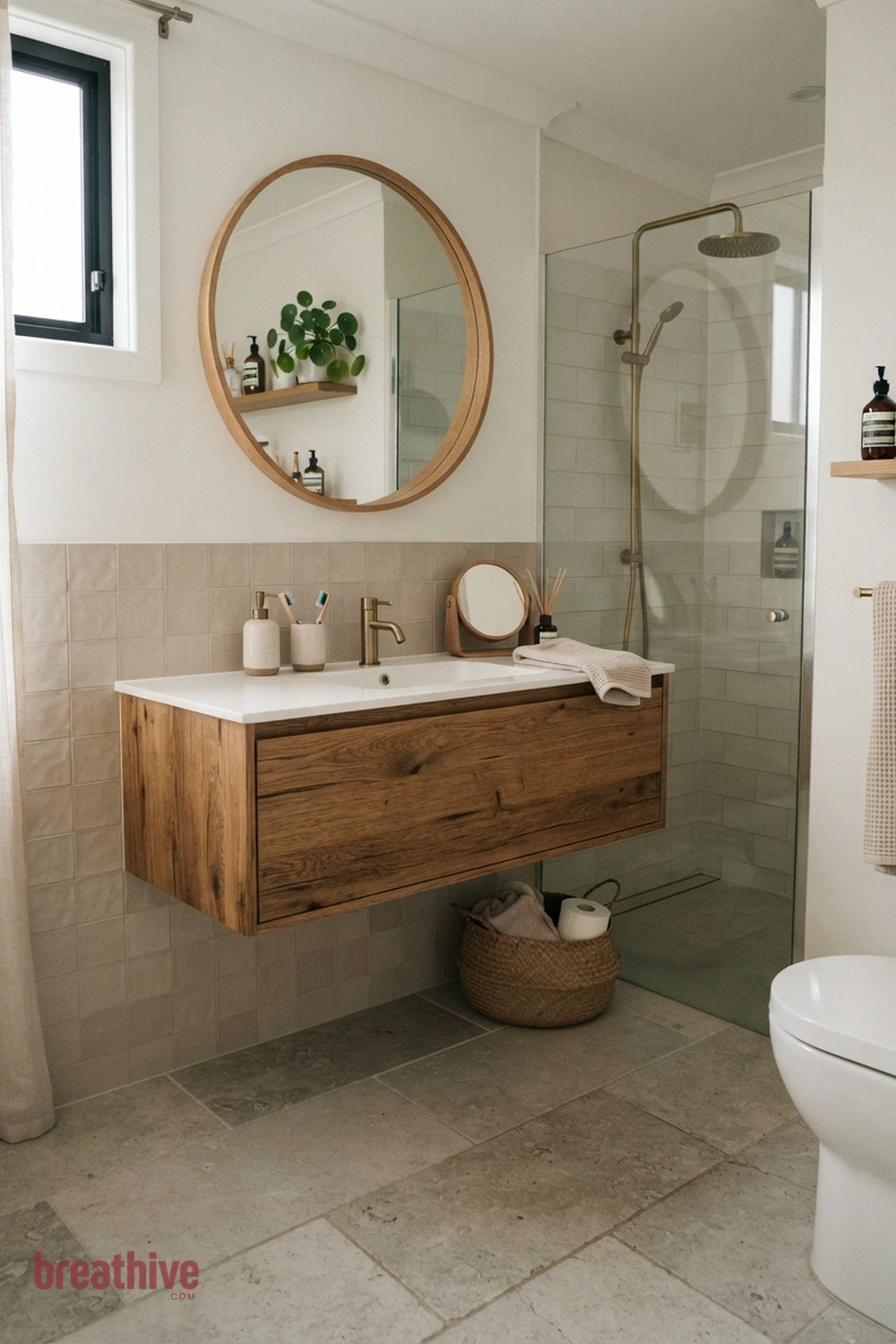 Use a Floating Vanity to Reveal More Floor in a thoughtful bathroom