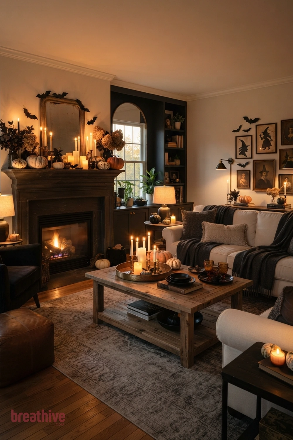 candlelit Halloween living room idea with full living room composition with the seasonal concept integrated into normal furniture layout
