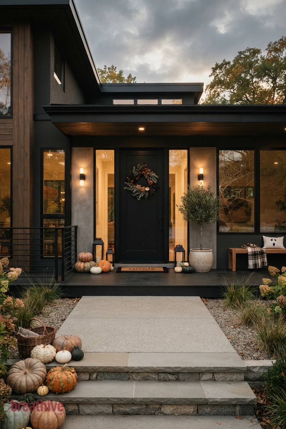 modern Halloween front porch idea with full-width view of the complete front entry with the seasonal idea as the main focal point