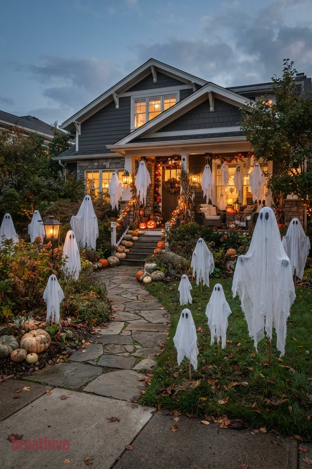ghost-themed Halloween front yard idea with wide exterior setup showing the seasonal concept within the real yard, planting, path, and house context