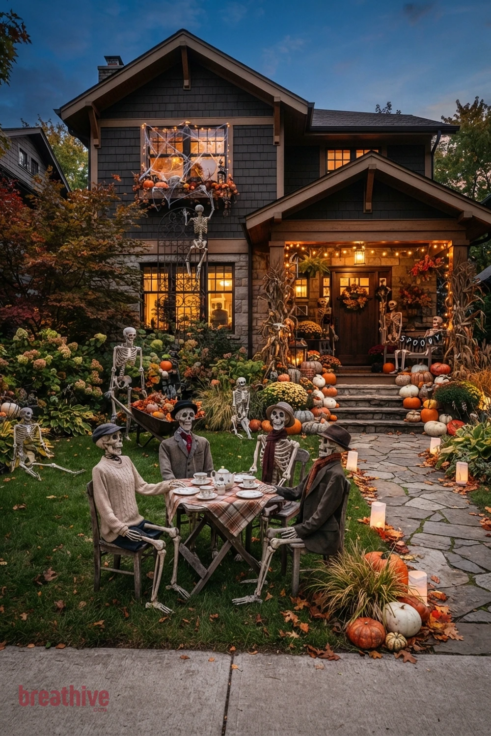skeleton scene Halloween front yard idea with wide exterior setup showing the seasonal concept within the real yard, planting, path, and house context
