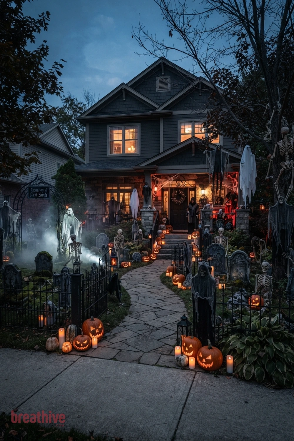 scary theatrical Halloween front yard idea with wide exterior setup showing the seasonal concept within the real yard, planting, path, and house context