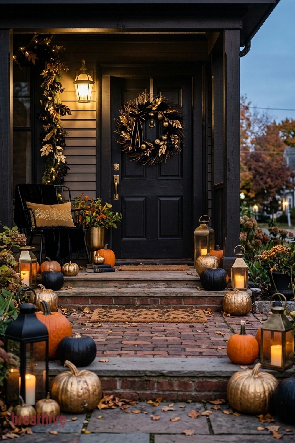 black and gold halloween porch