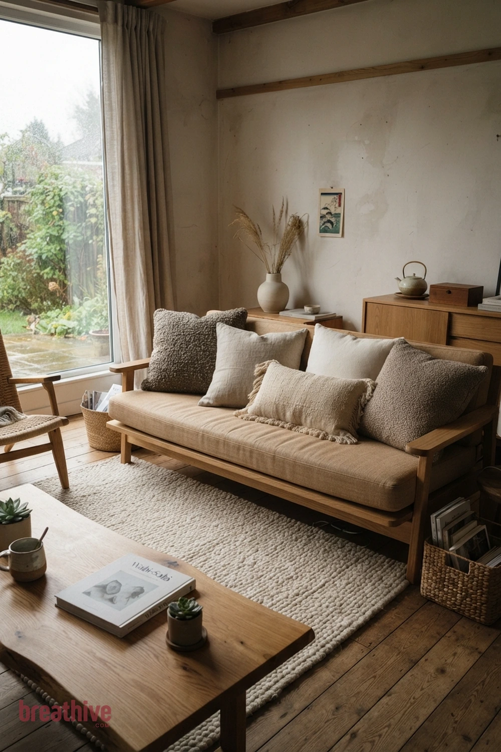 Layer Pillows by Texture Rather Than Pattern Alone in a japandi living room