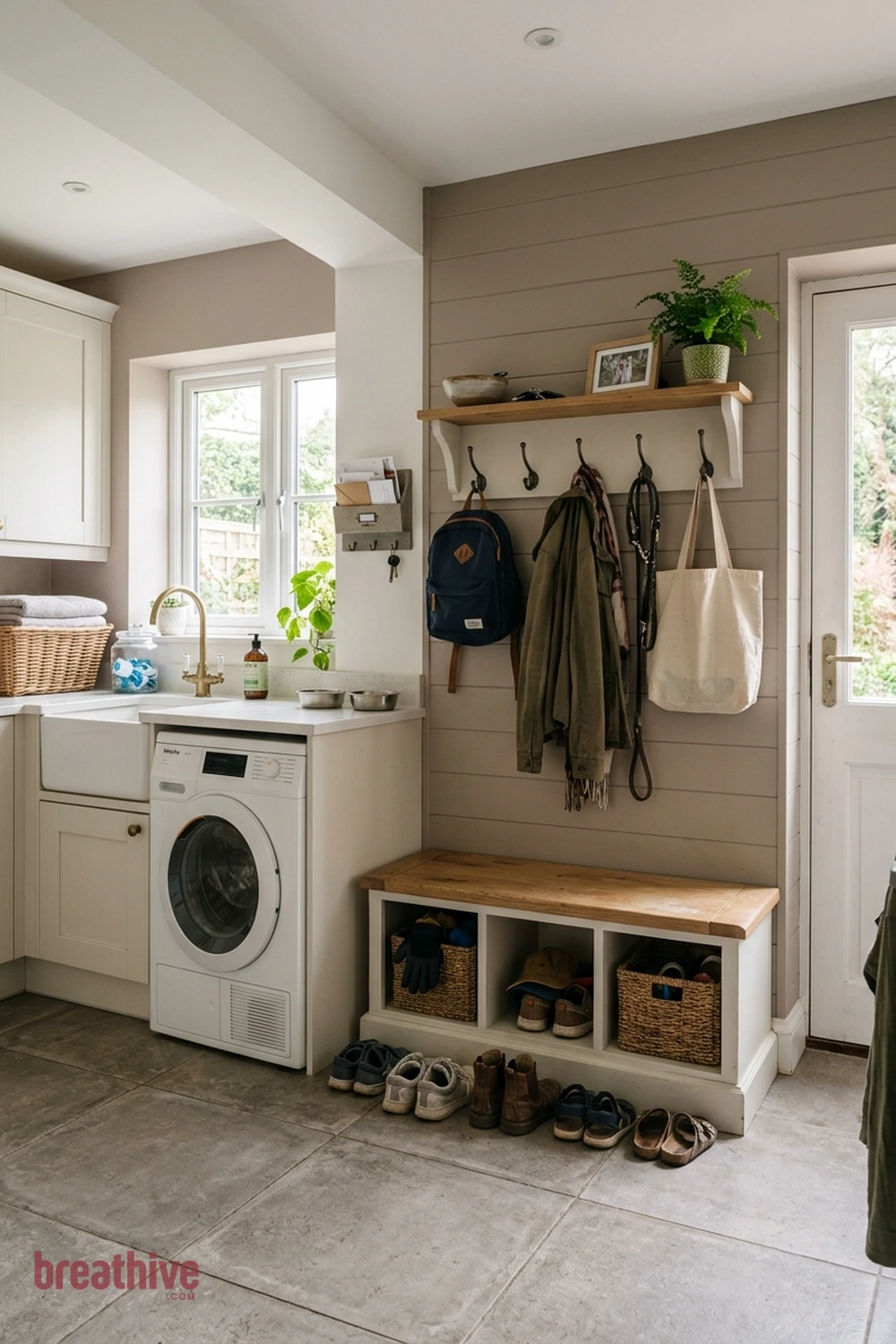 Create a Family Drop Zone Near the Door in a thoughtful laundry room