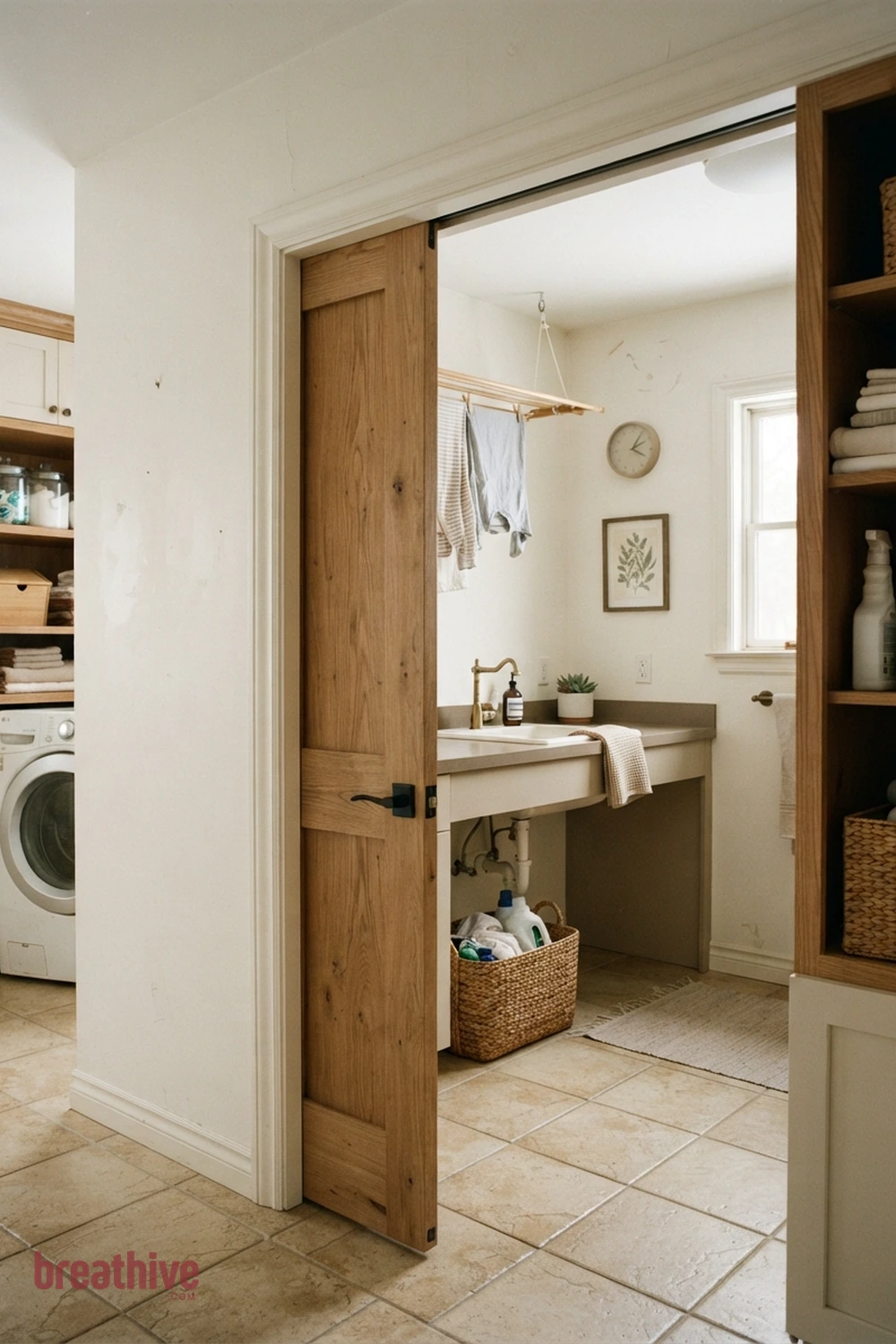 Use a Pocket or Sliding Door in a thoughtful laundry room
