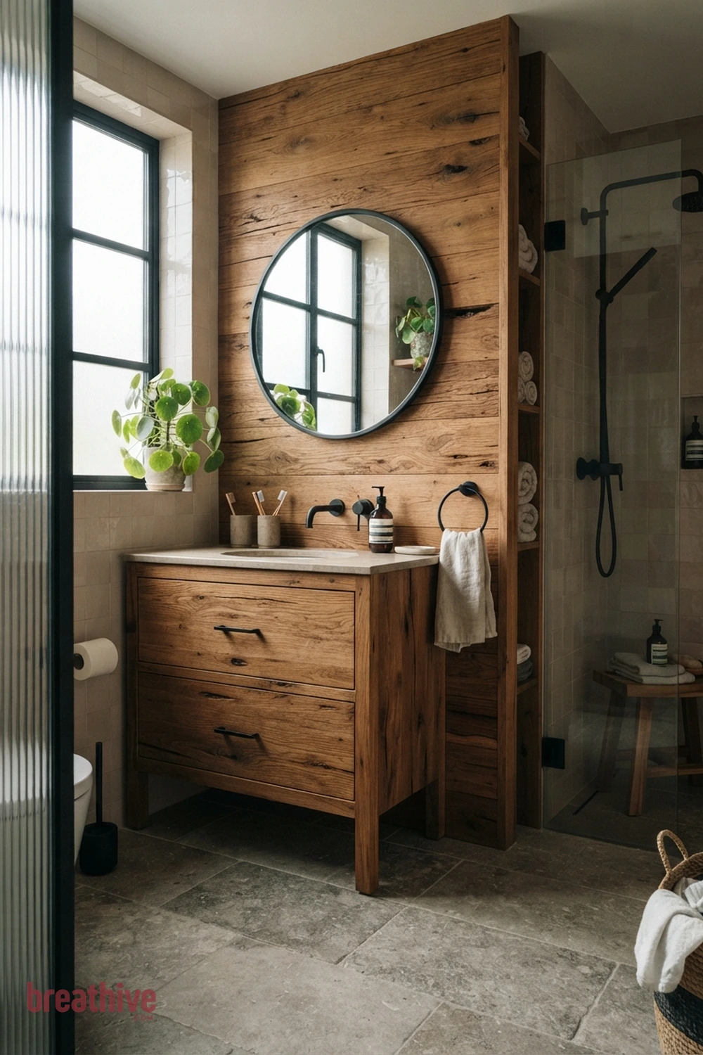 Bring Wood Texture Through Moisture-Suitable Finishes in a thoughtful bathroom