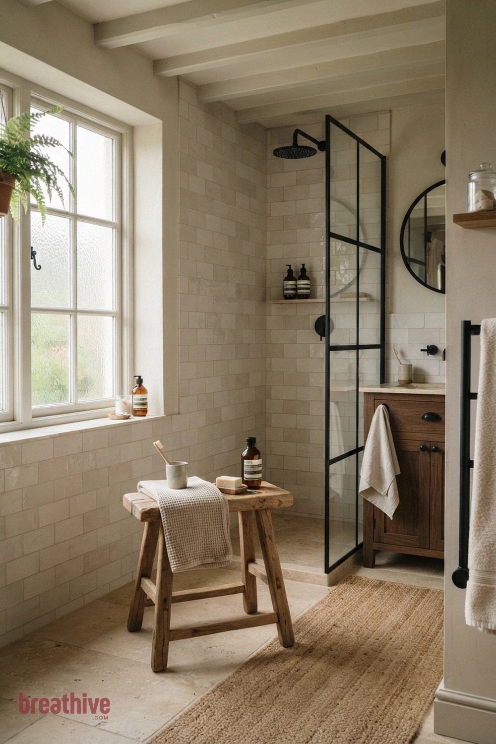 Add a Small Stool for Towels and Bath Items in a thoughtful bathroom