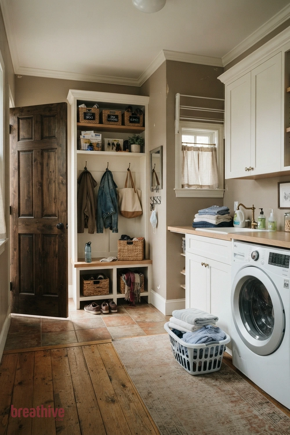 Create a Family Drop Zone Near the Door in a thoughtful laundry room