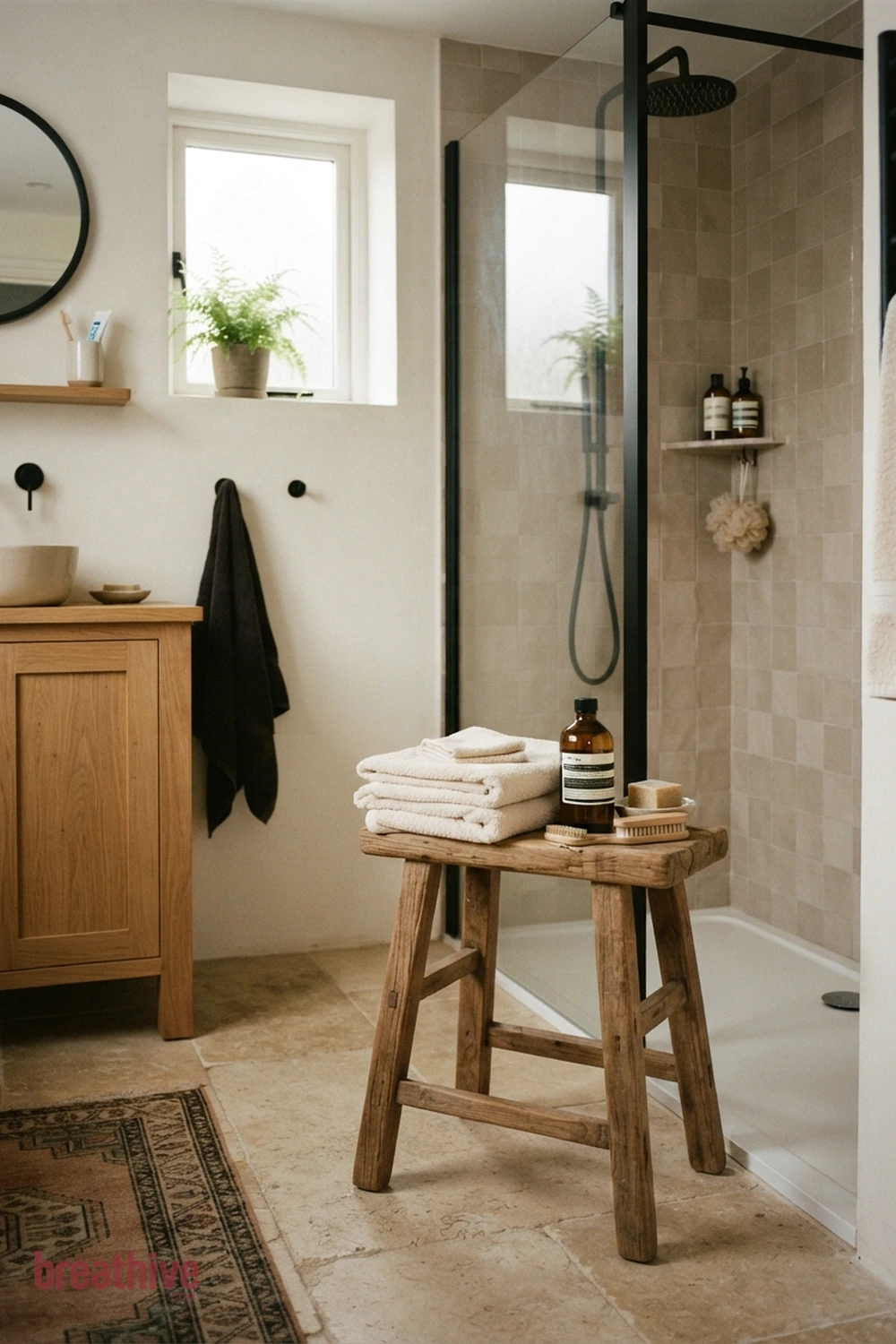 Add a Small Stool for Towels and Bath Items in a thoughtful bathroom