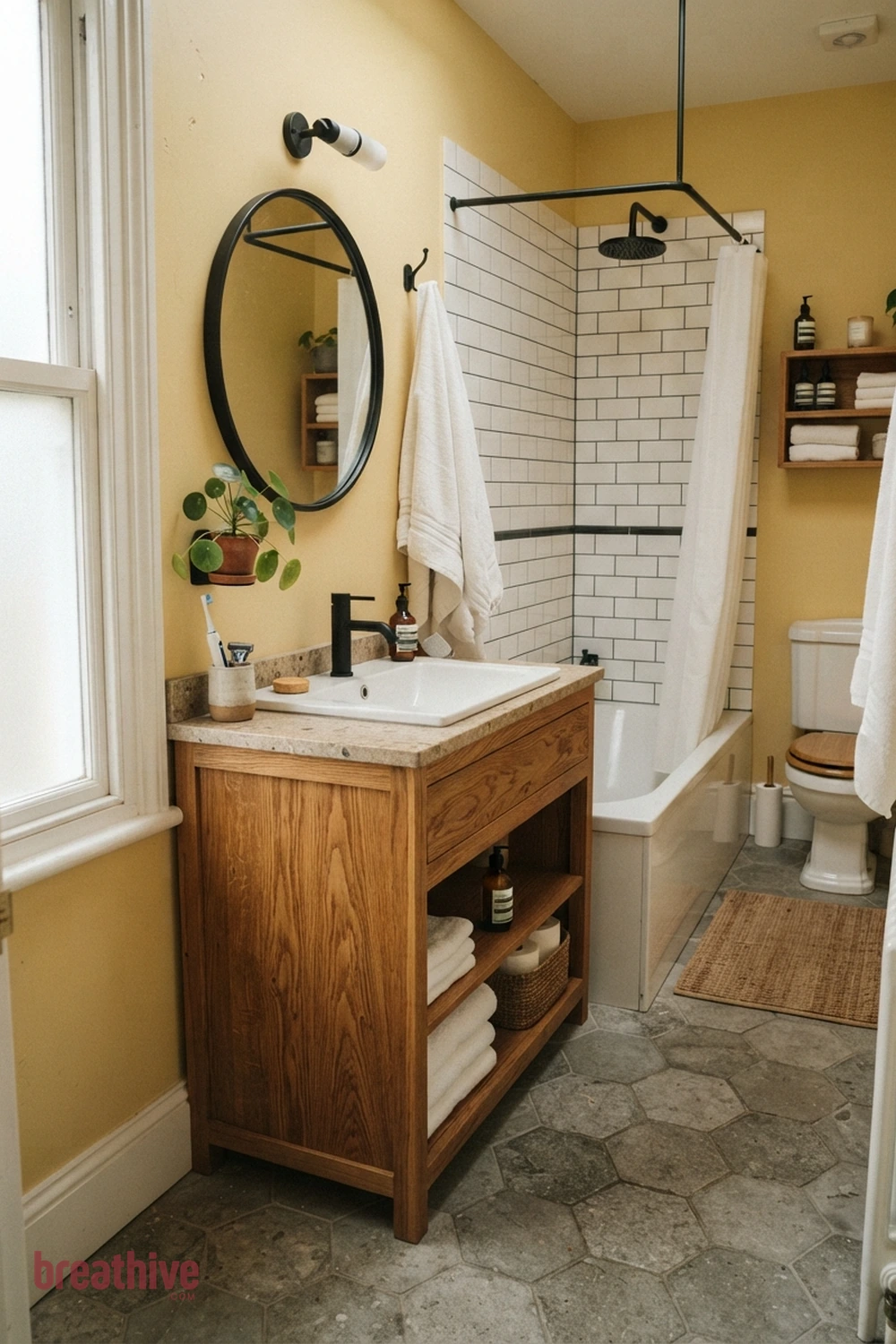 Bring Wood Texture Through Moisture-Suitable Finishes in a yellow bathroom