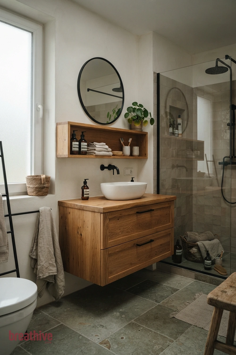 Bring Wood Texture Through Moisture-Suitable Finishes in a thoughtful bathroom