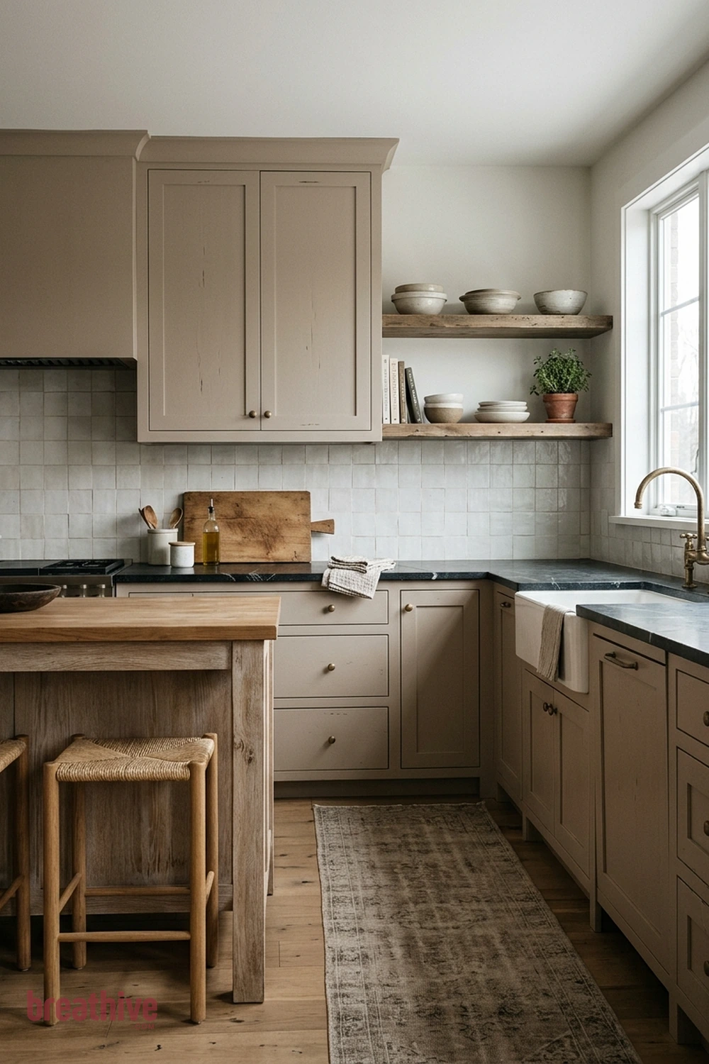 Monochrome Taupe With Textural Contrast in a thoughtful kitchen