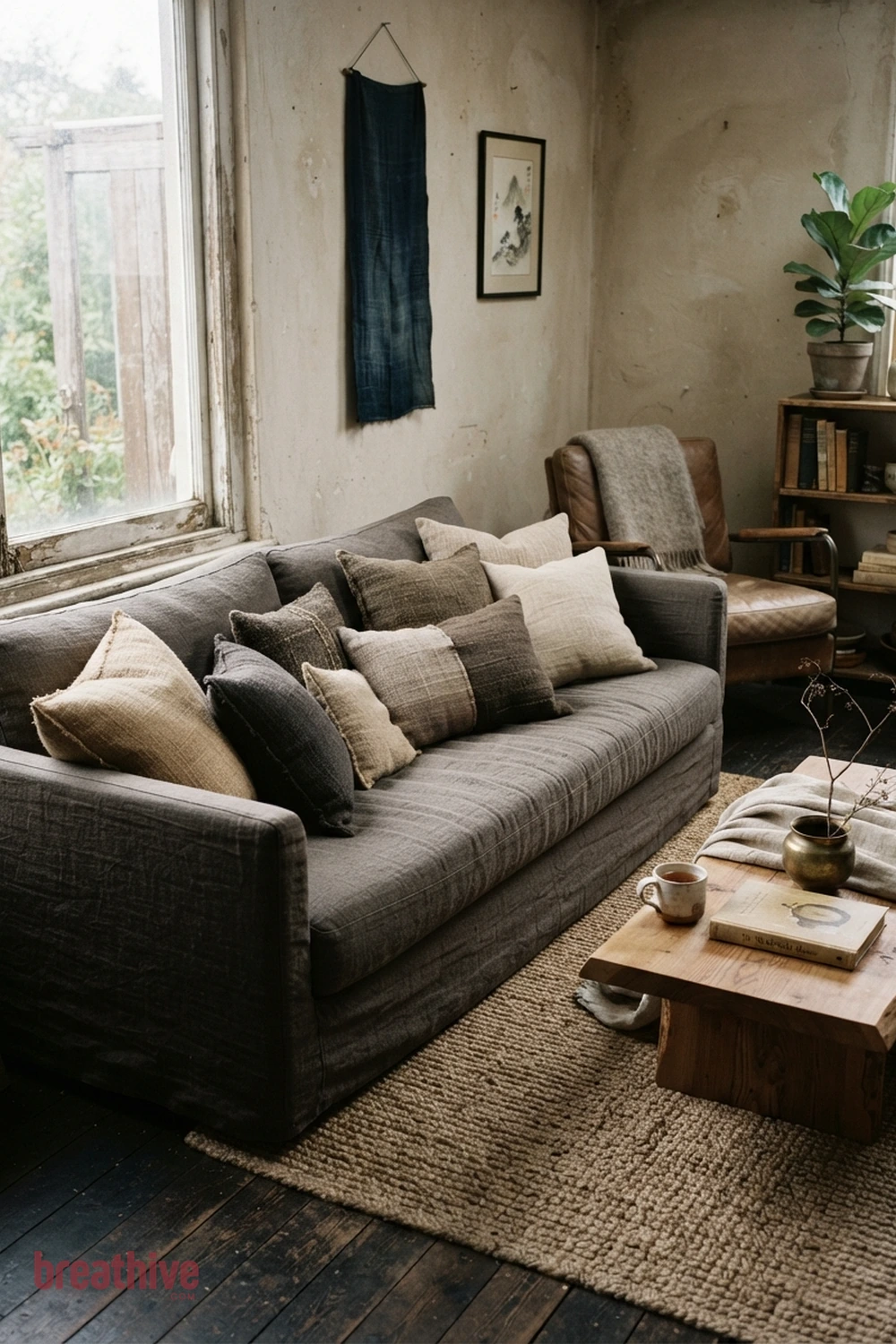 Layer Pillows by Texture Rather Than Pattern Alone in a wabi-sabi living room