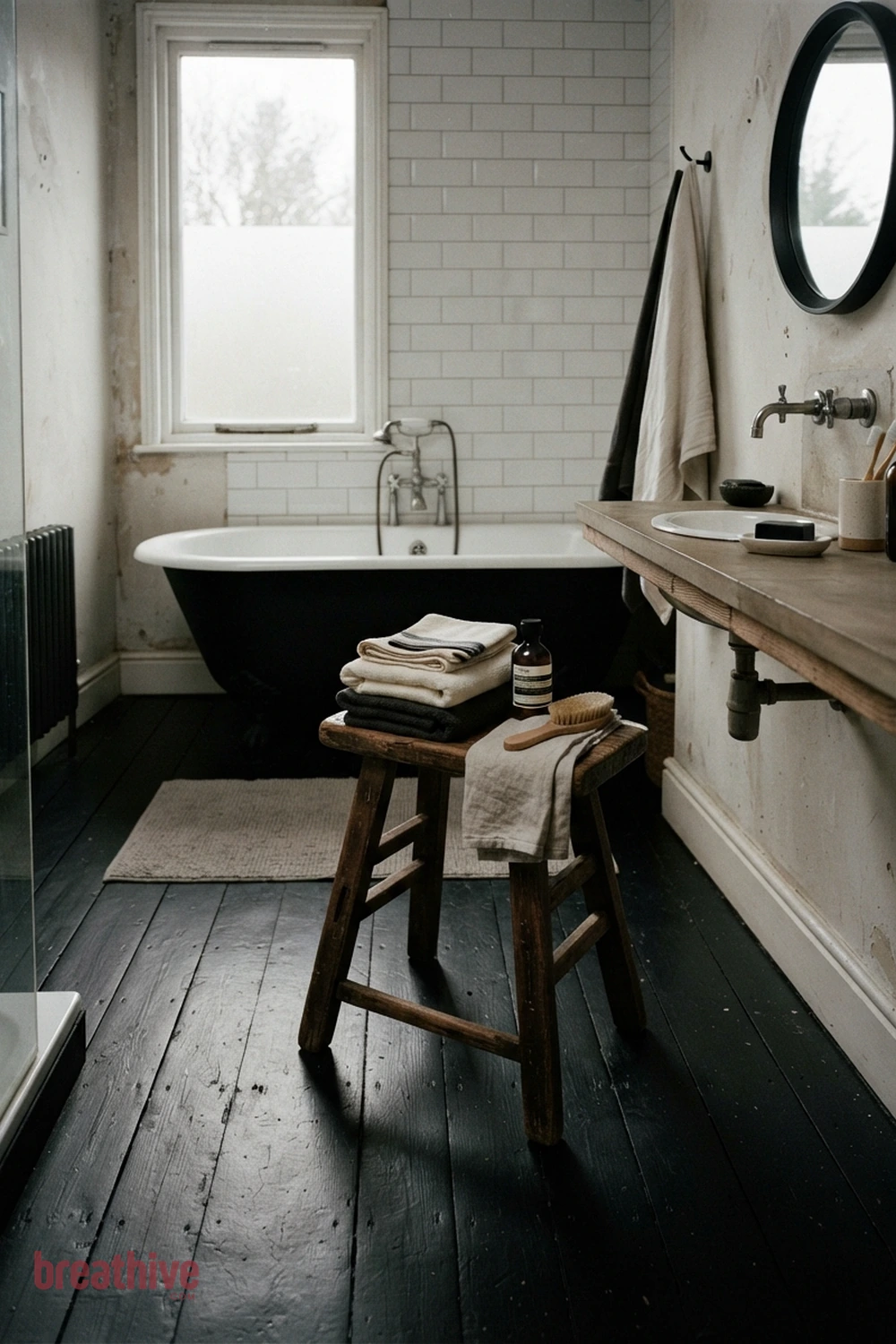 Add a Small Stool for Towels and Bath Items in a black and white bathroom