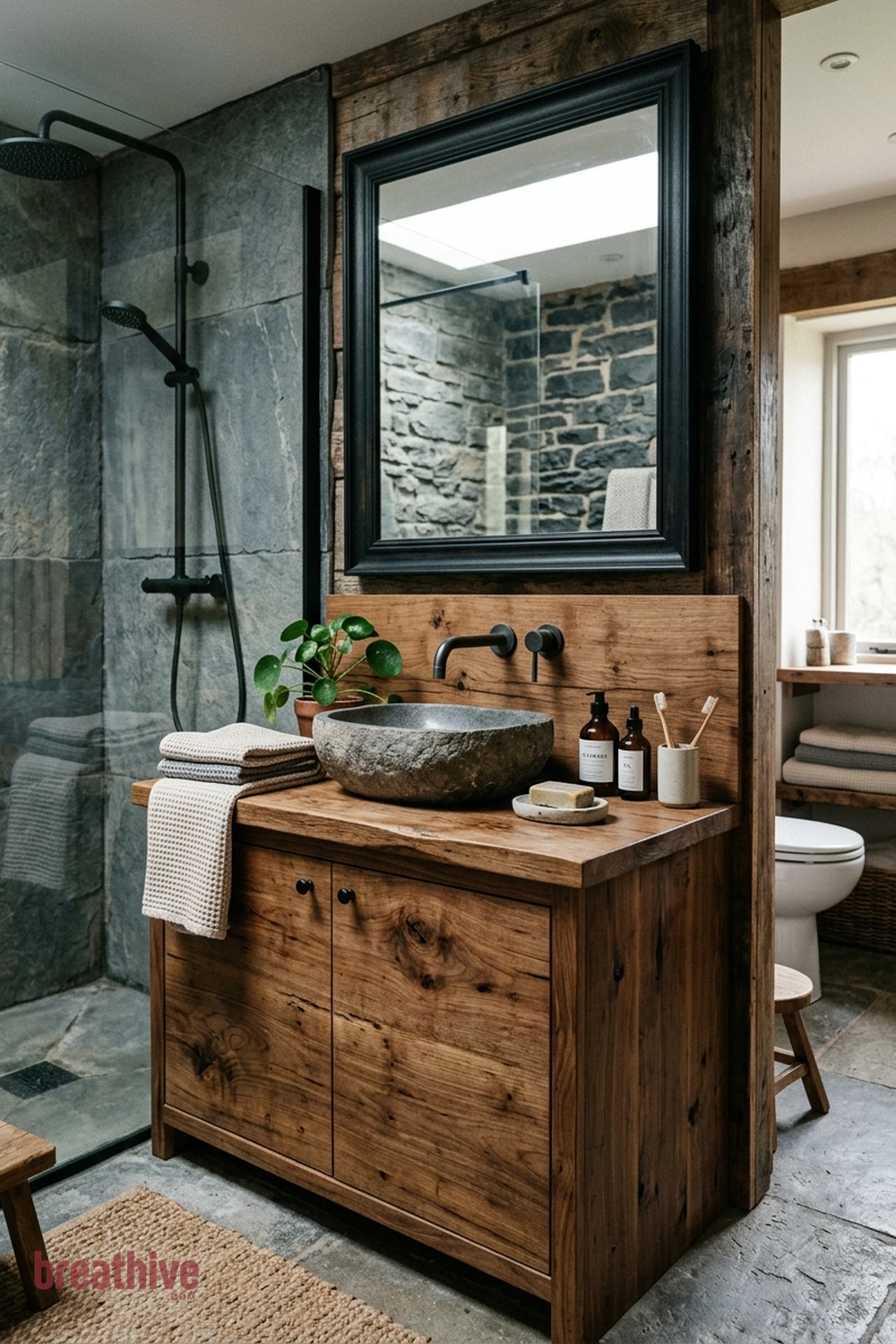 Bring Wood Texture Through Moisture-Suitable Finishes in a rustic bathroom