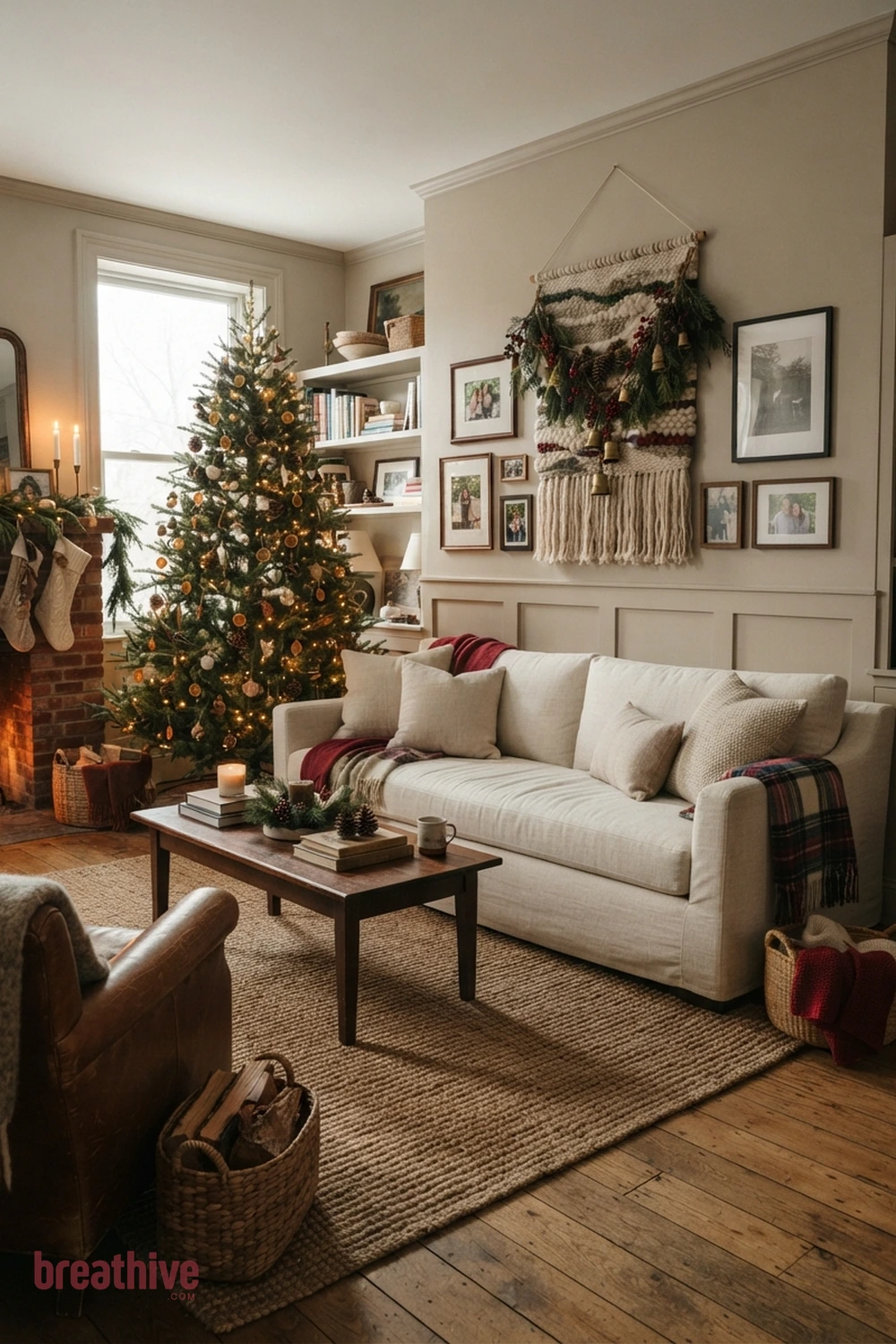 Add Texture Above the Sofa in a christmas living room