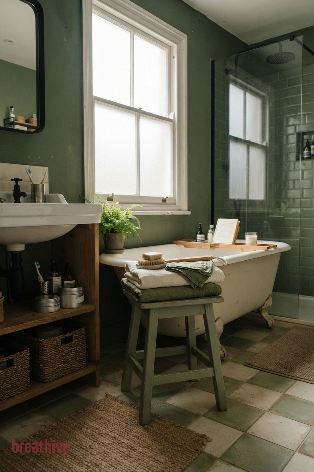 Add a Small Stool for Towels and Bath Items in a green bathroom