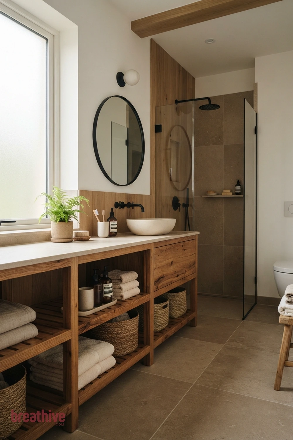 Bring Wood Texture Through Moisture-Suitable Finishes in a thoughtful bathroom
