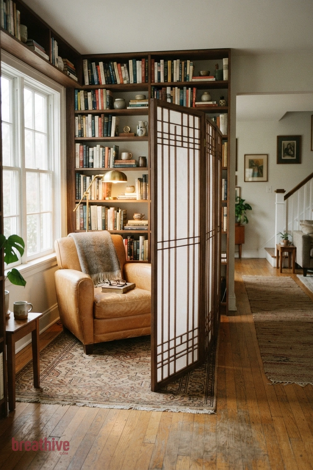 Use a Screen to Protect the Nook From Traffic in a thoughtful home library