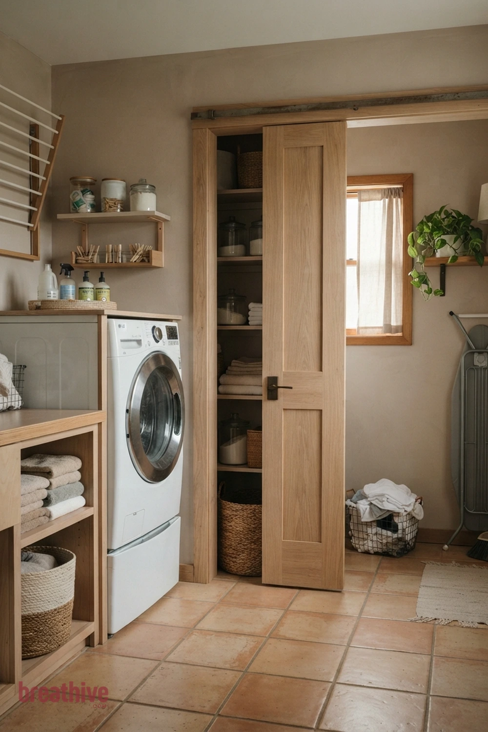 Use a Pocket or Sliding Door in a thoughtful laundry room