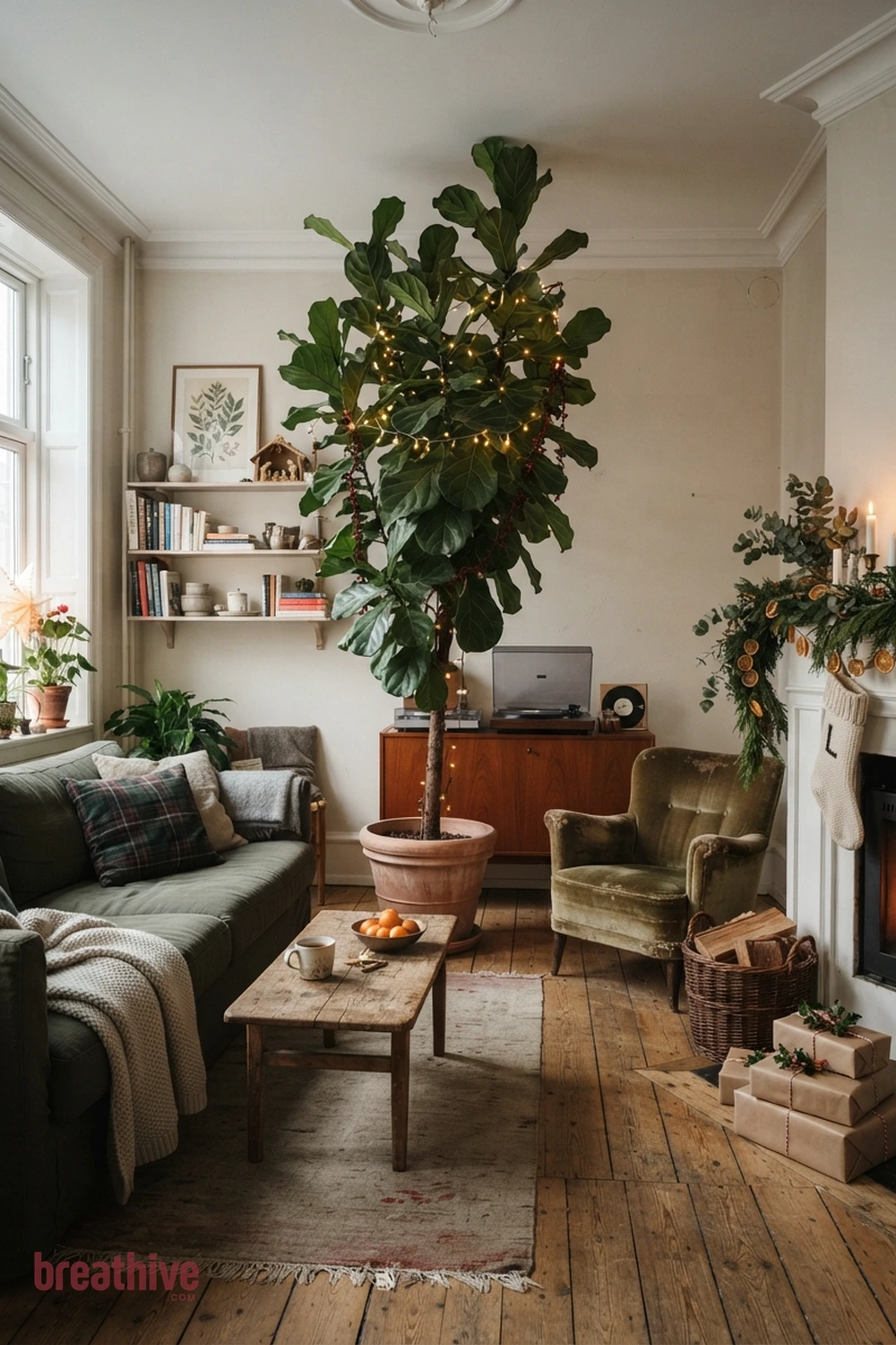 Add a Tall Plant to Connect Floor and Ceiling in a christmas apartment
