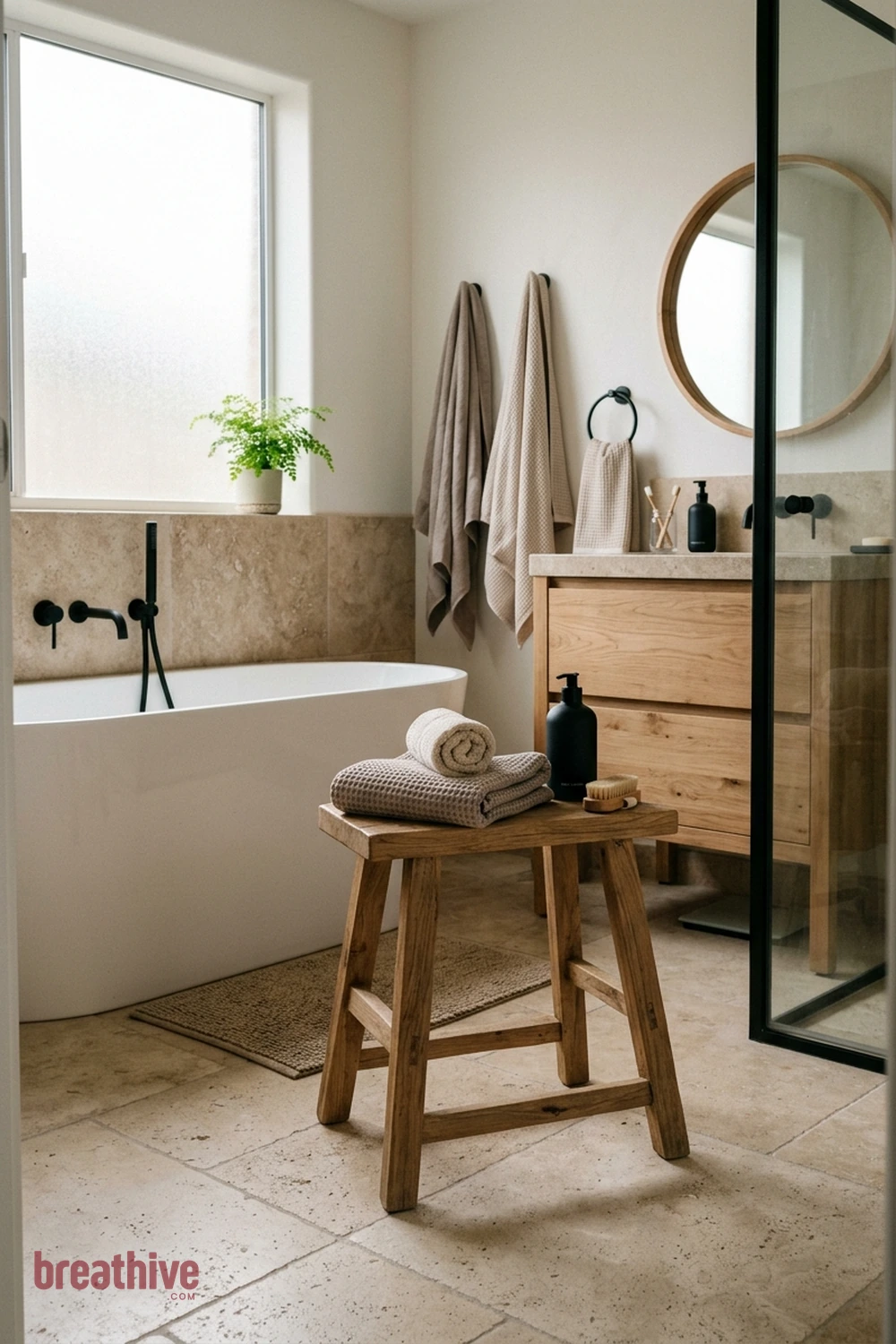 Add a Small Stool for Towels and Bath Items in a thoughtful bathroom