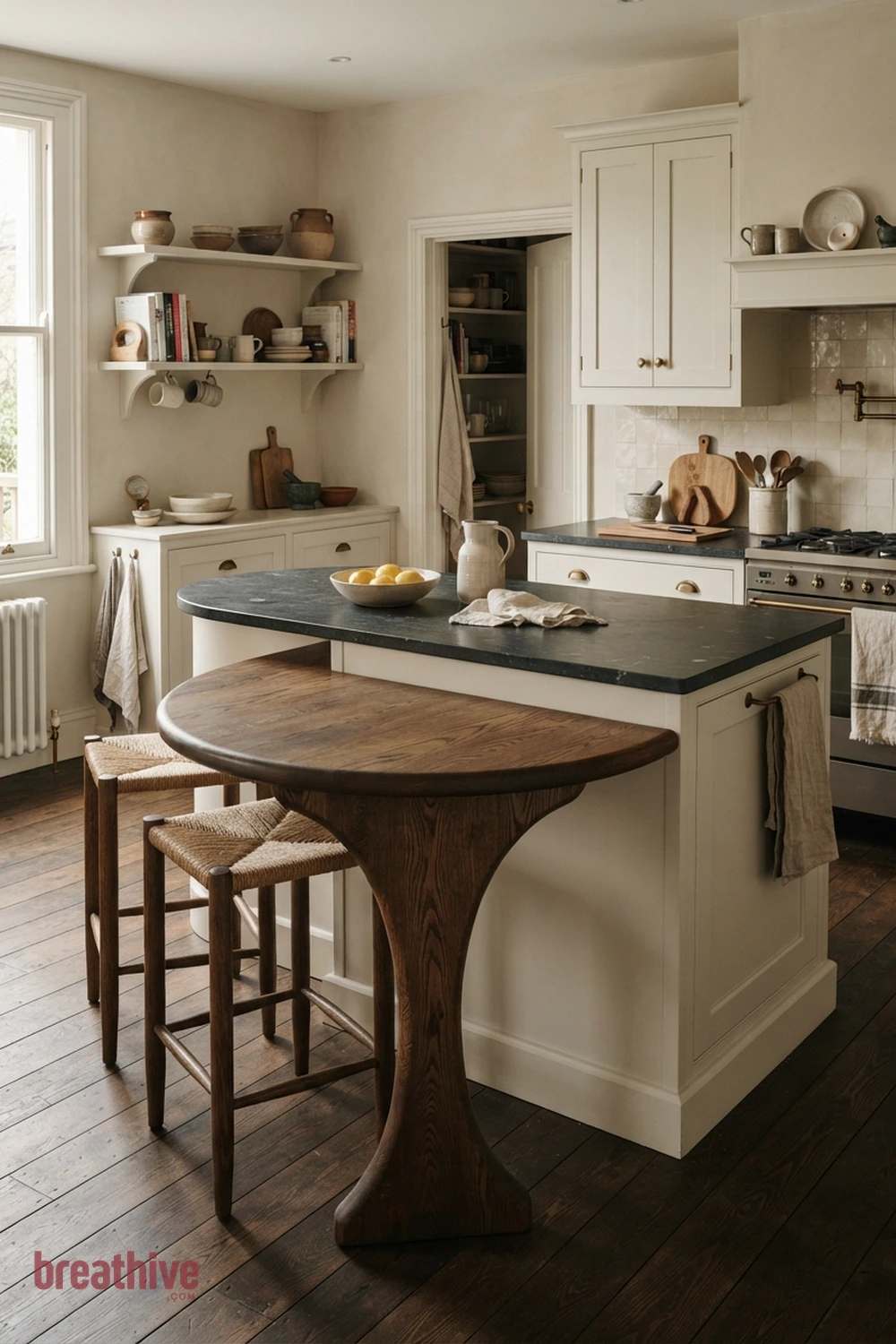Sculptural Table Base Attached to the Island in a thoughtful kitchen