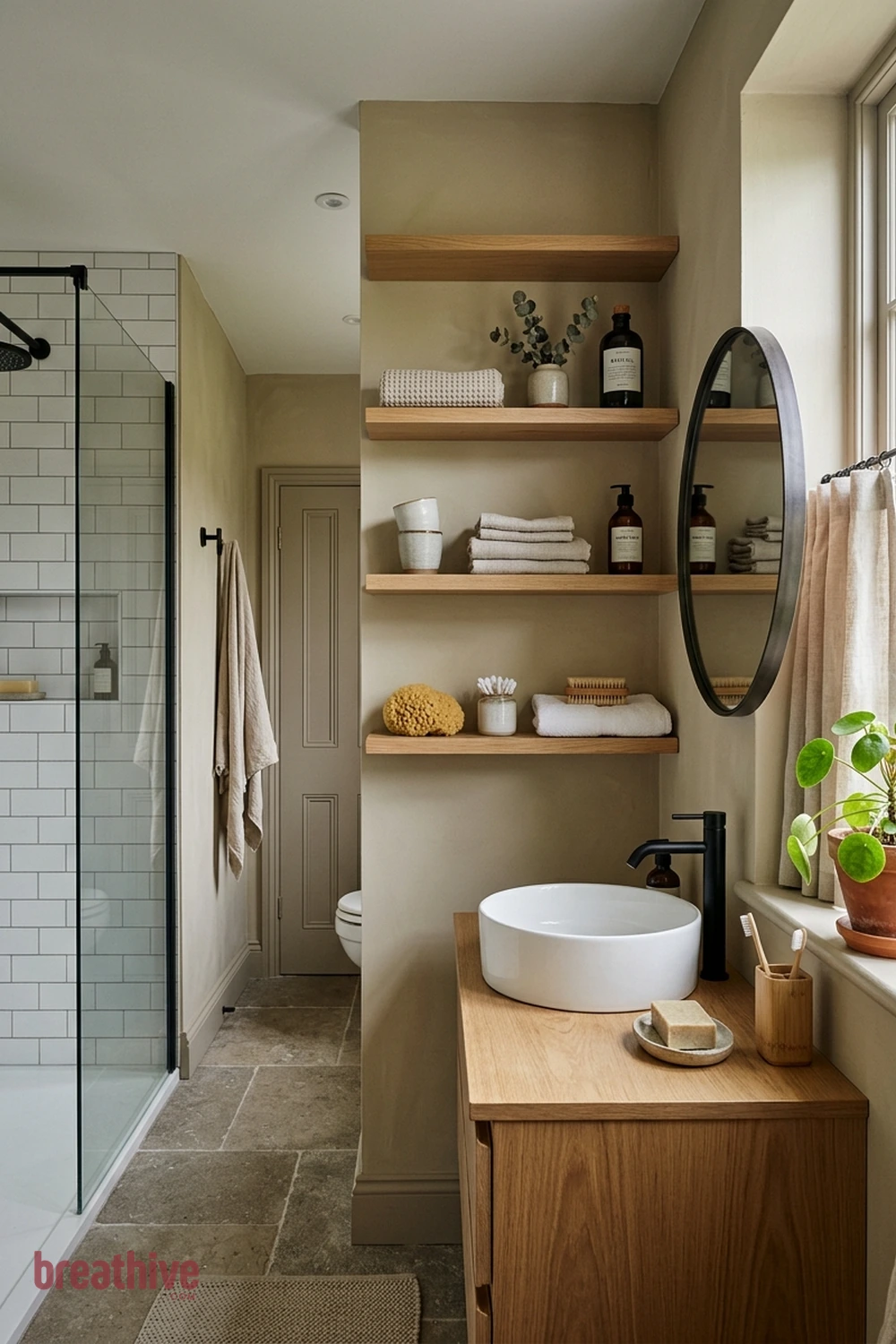 Use Open Shelves for Only the Best-Looking Basics in a thoughtful bathroom