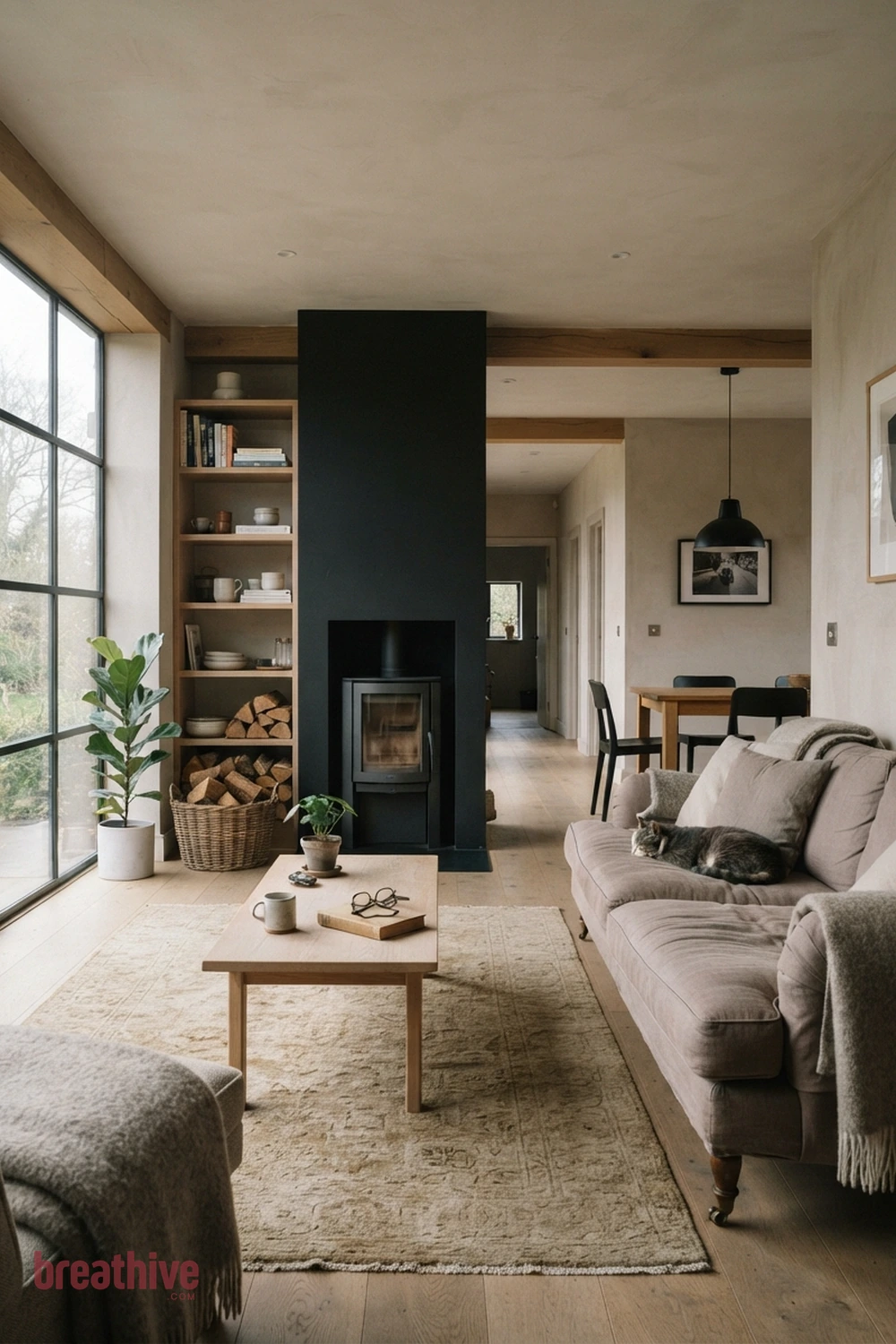 Black, Warm White, and Pale Wood in a thoughtful living room