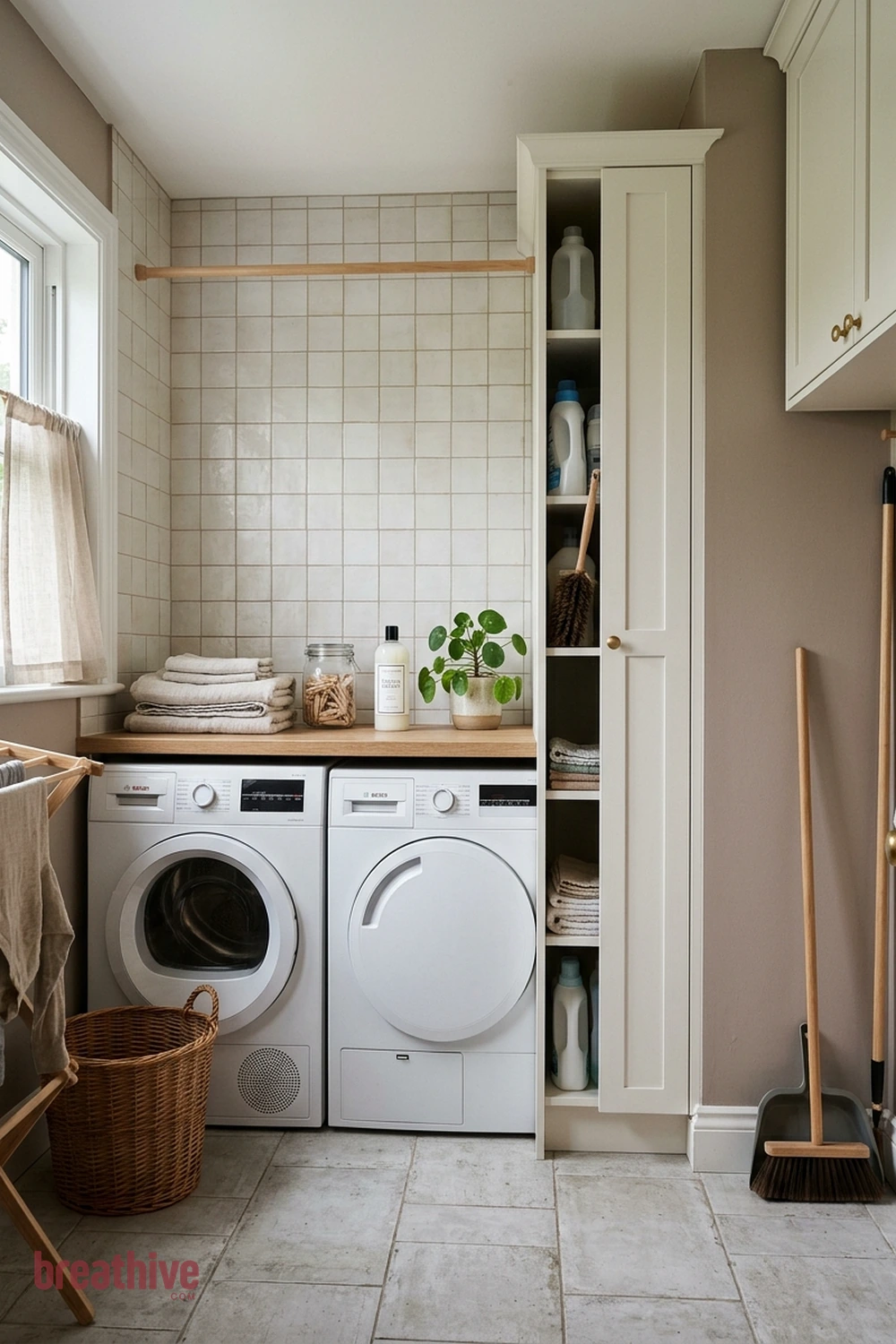 Add a Slim Cabinet Between Machines and Wall in a thoughtful laundry room