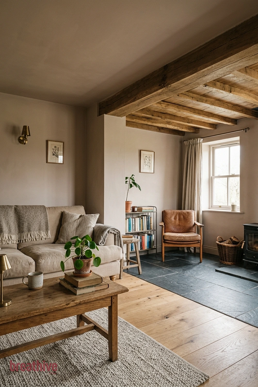 Change of Ceiling and Floor Material in a thoughtful living room