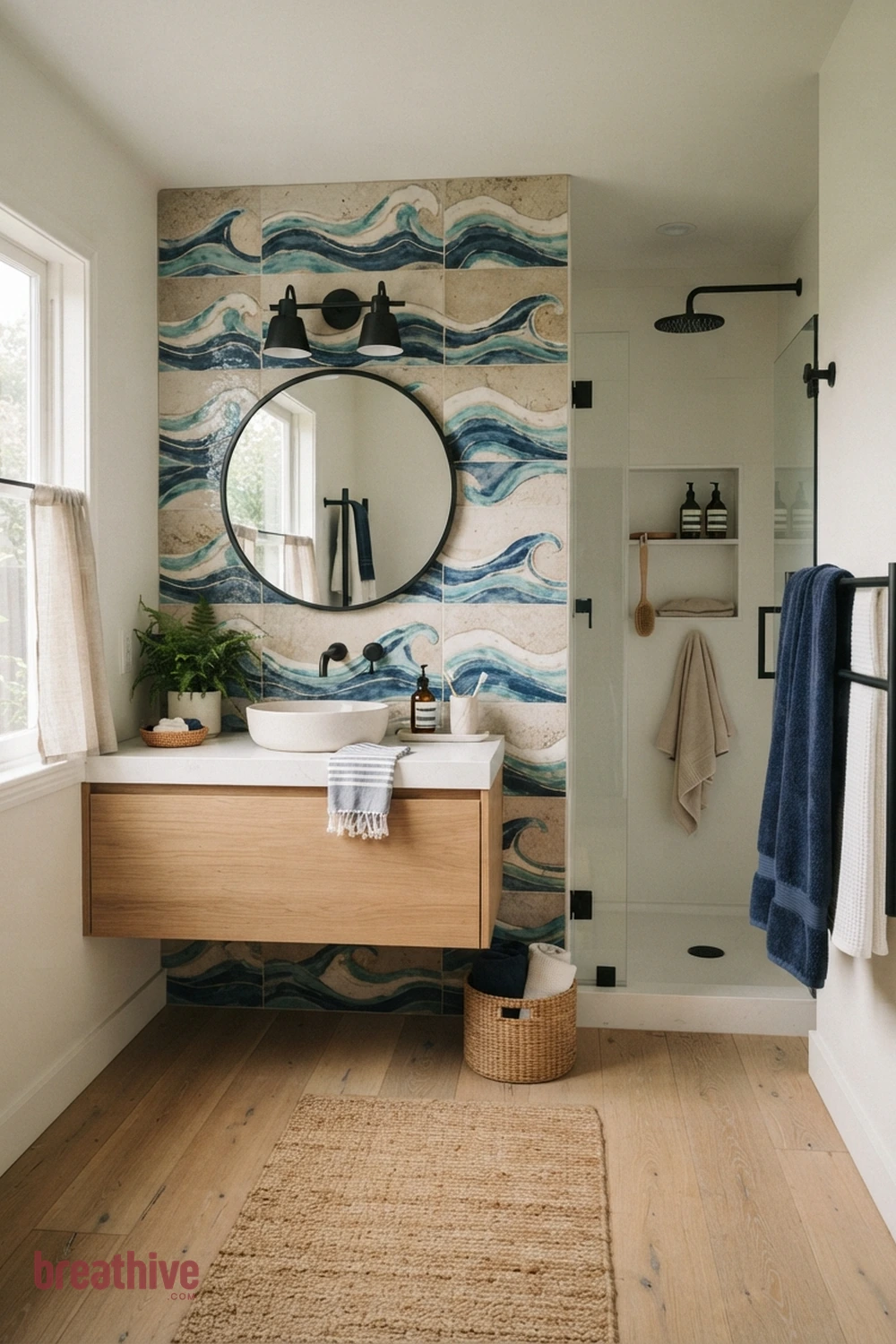 Coastal Blue Wave Motif in a thoughtful bathroom