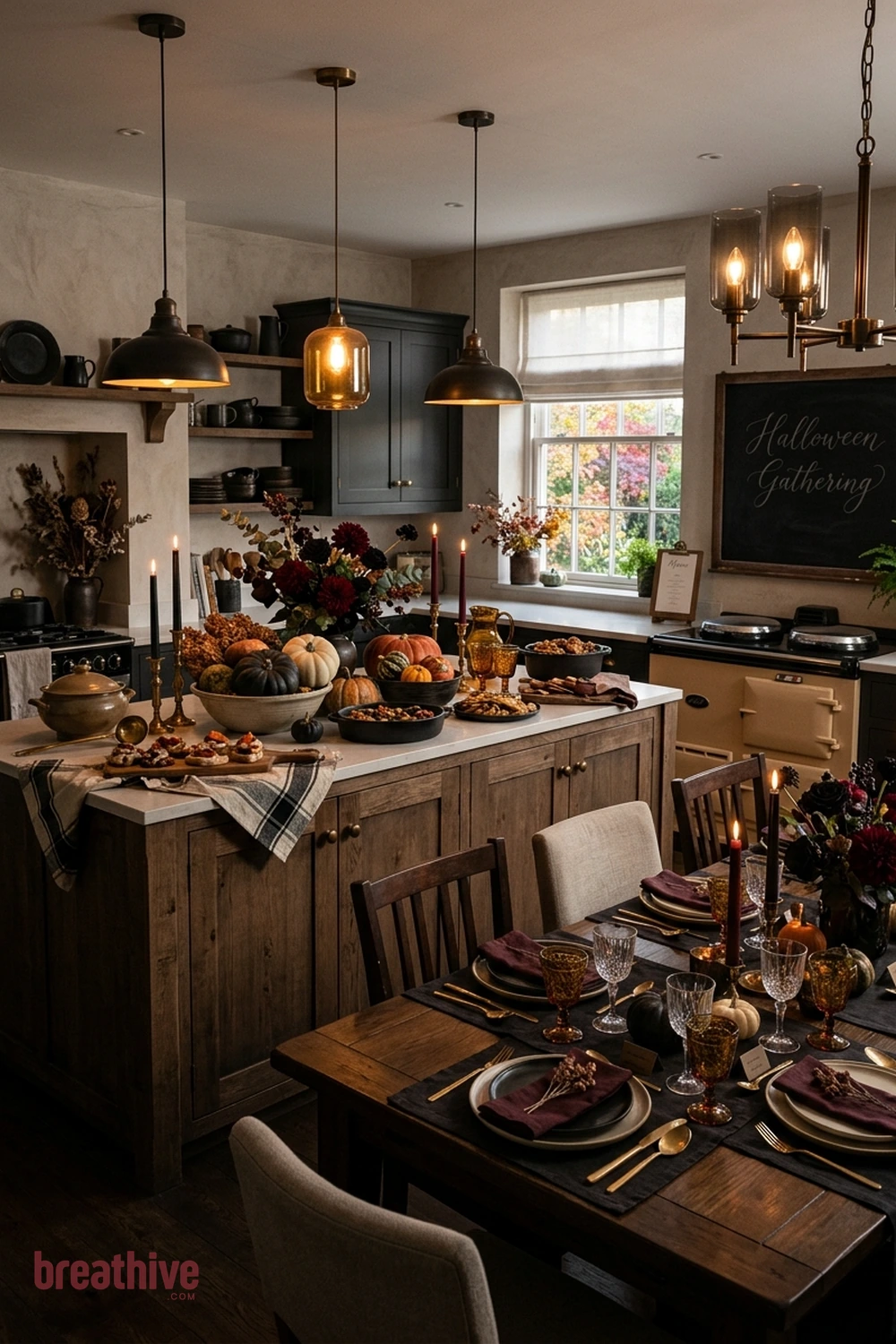 dinner party Halloween dining room idea with island, table, coffee bar, or counter arranged as the main seasonal focal surface