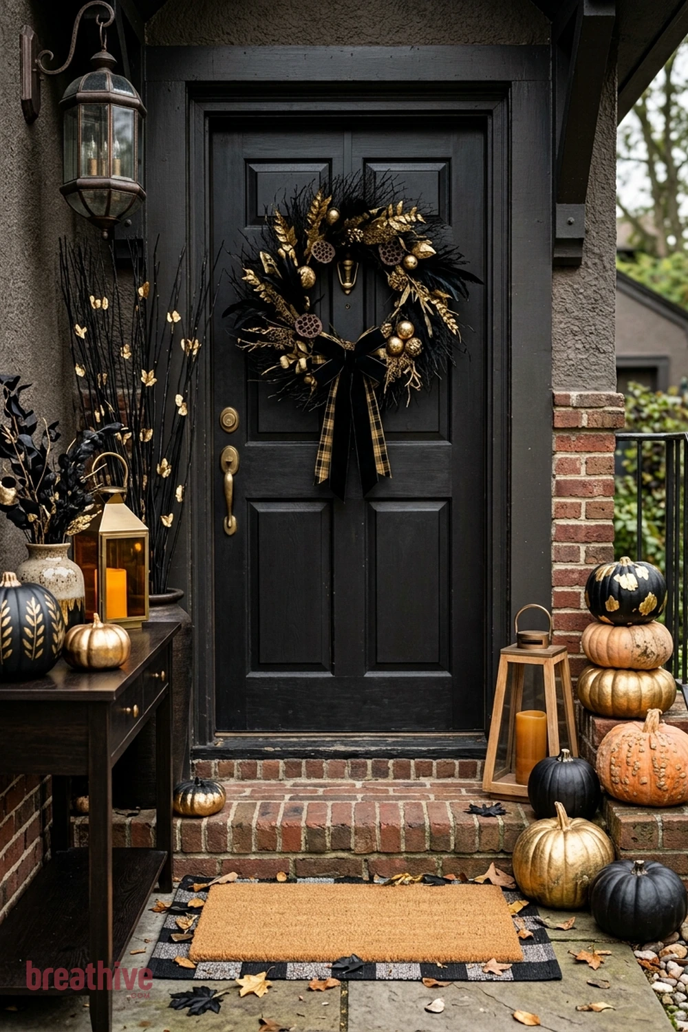 black and gold Halloween front porch idea with front door arrangement with wreath, pumpkins, mat, and restrained vertical accents