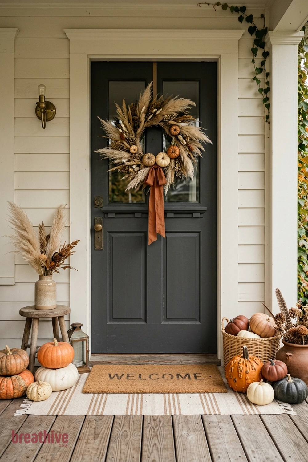 boho Halloween front porch idea with front door arrangement with wreath, pumpkins, mat, and restrained vertical accents