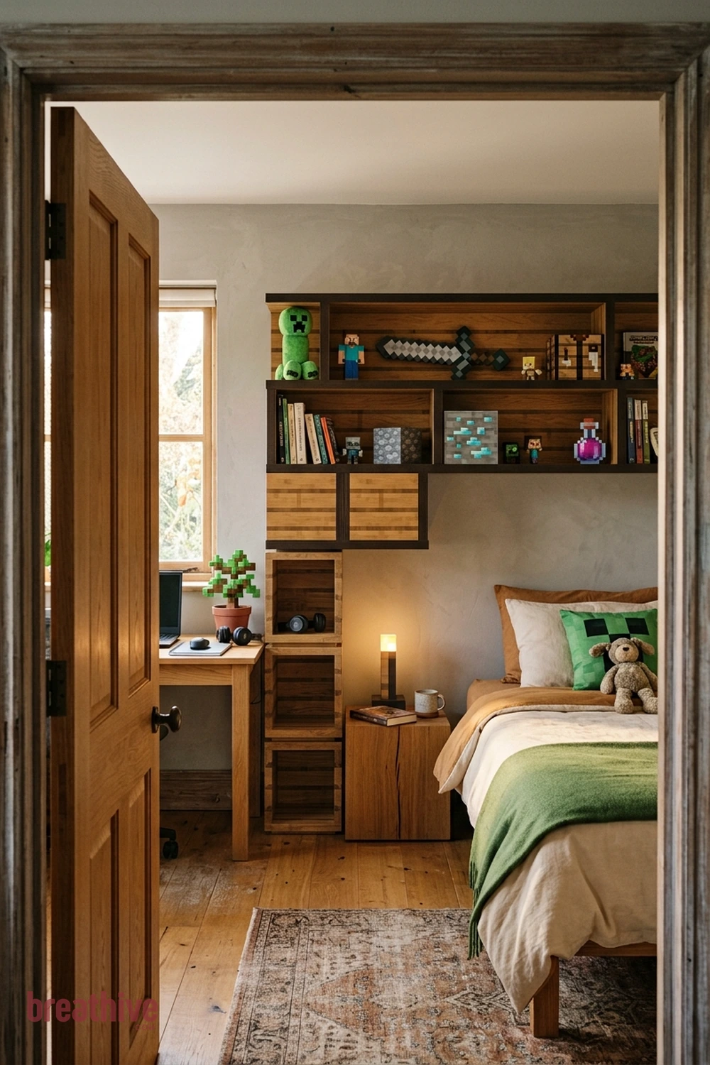 Build Pixel Shelves for Collectibles in a minecraft bedroom