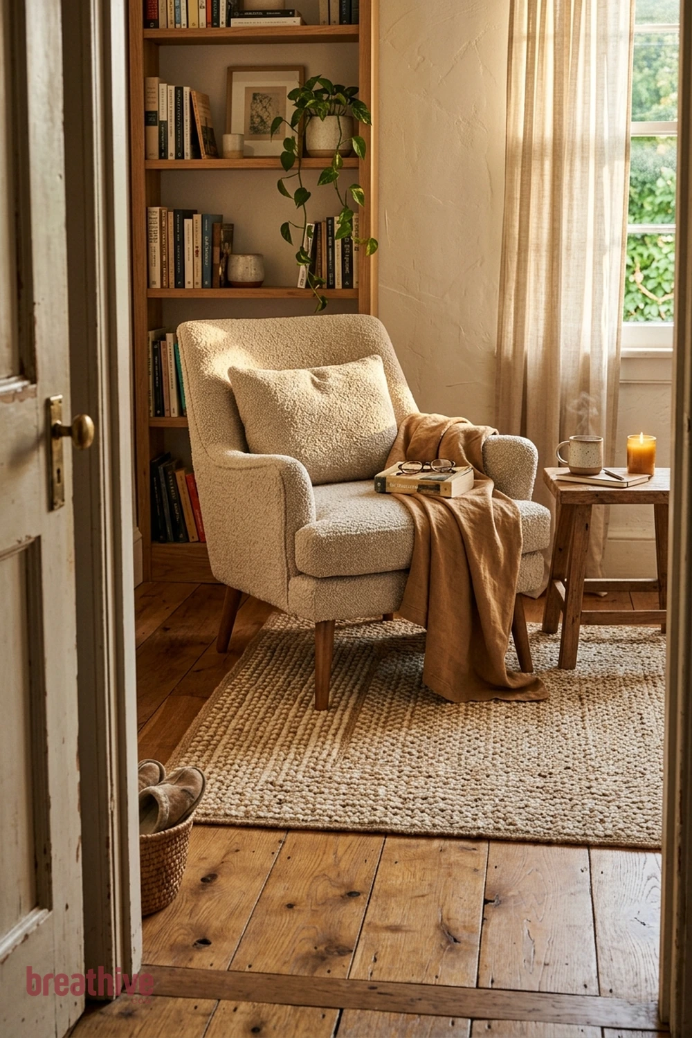Layer a Rug Under the Seat in a cozy reading nook