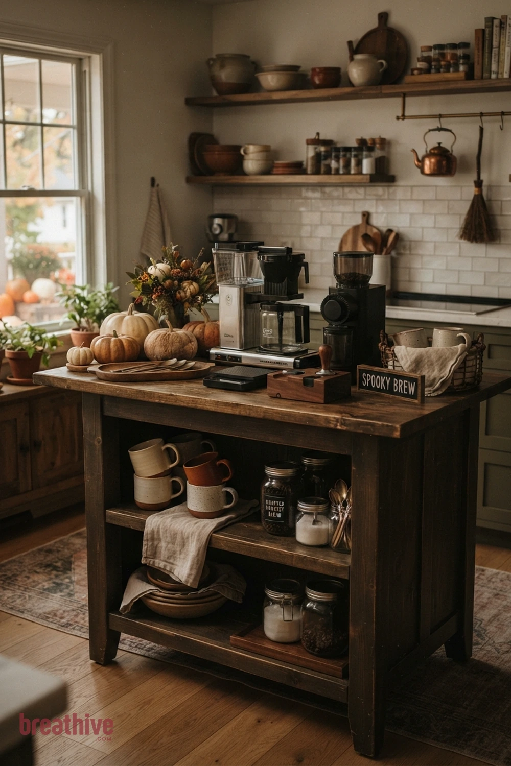 cozy coffee bar Halloween kitchen coffee station idea with island, table, coffee bar, or counter arranged as the main seasonal focal surface